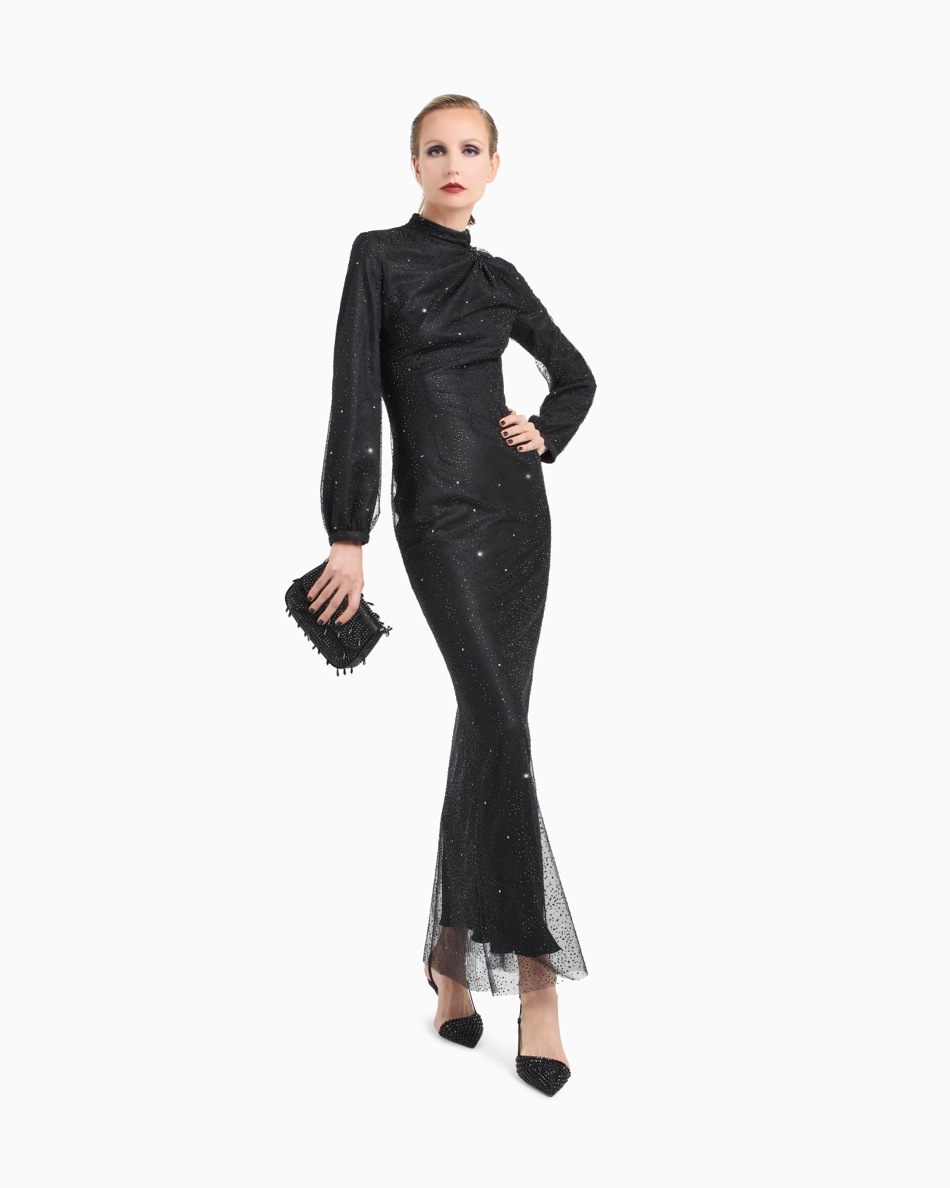 Silk long dress with rhinestone embroidery Slide 1