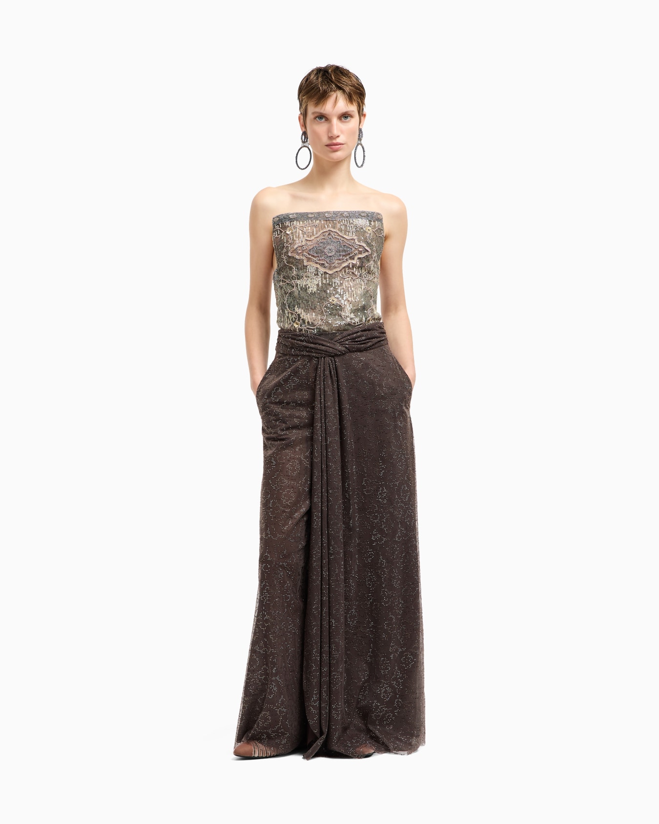 Pantaloni ampi drappeggiati in georgette di seta e tulle ricamato Slide 2