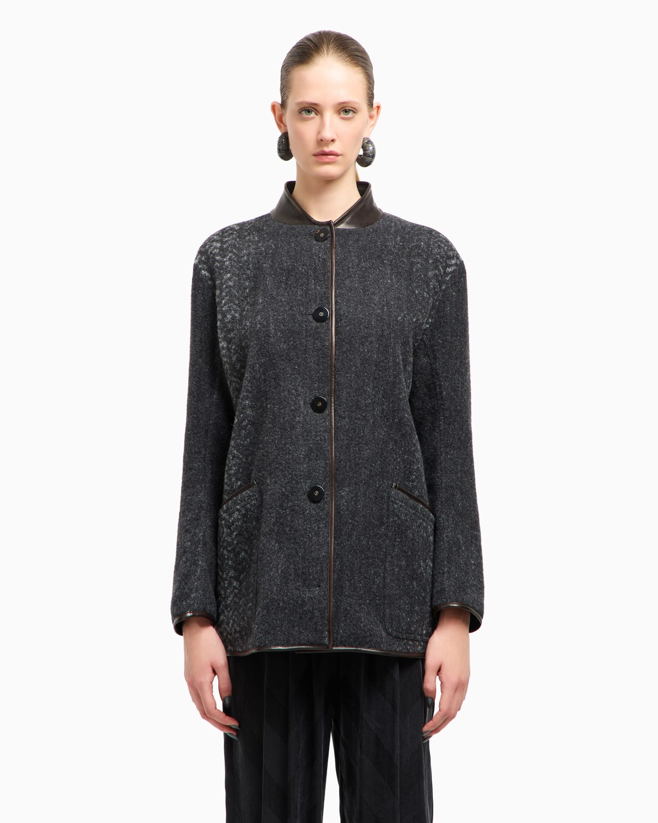Chevron bouclé wool and leather pea coat Slide 4