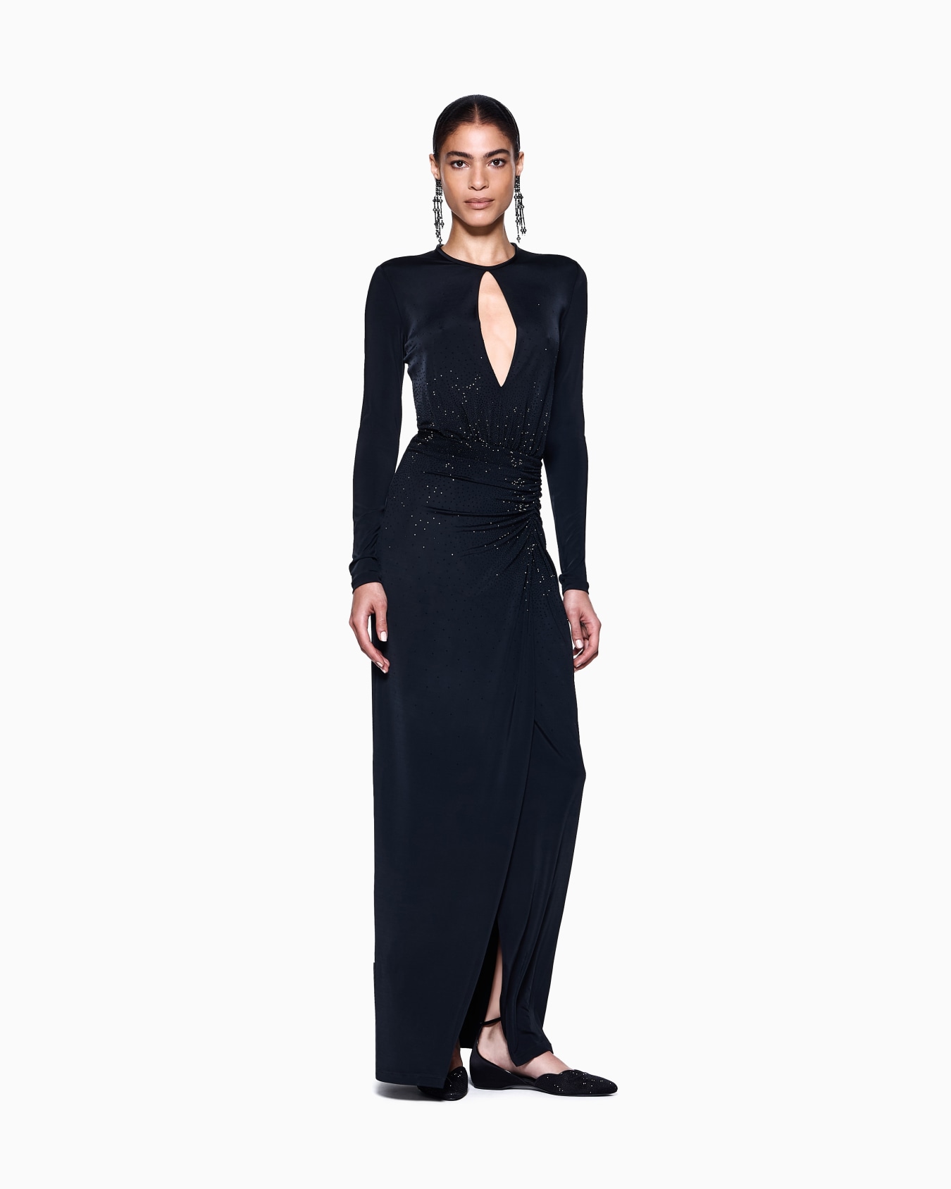 Long dress in viscose jersey with rhinestone embroidery Slide 1