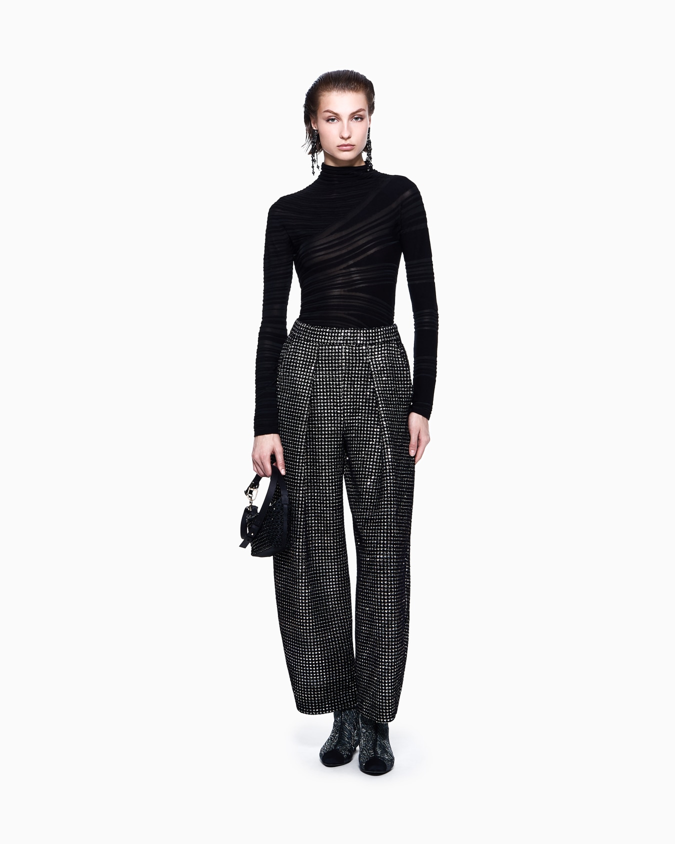 Pantaloni a una pince in jersey con stampa flock e paillettes Slide 1