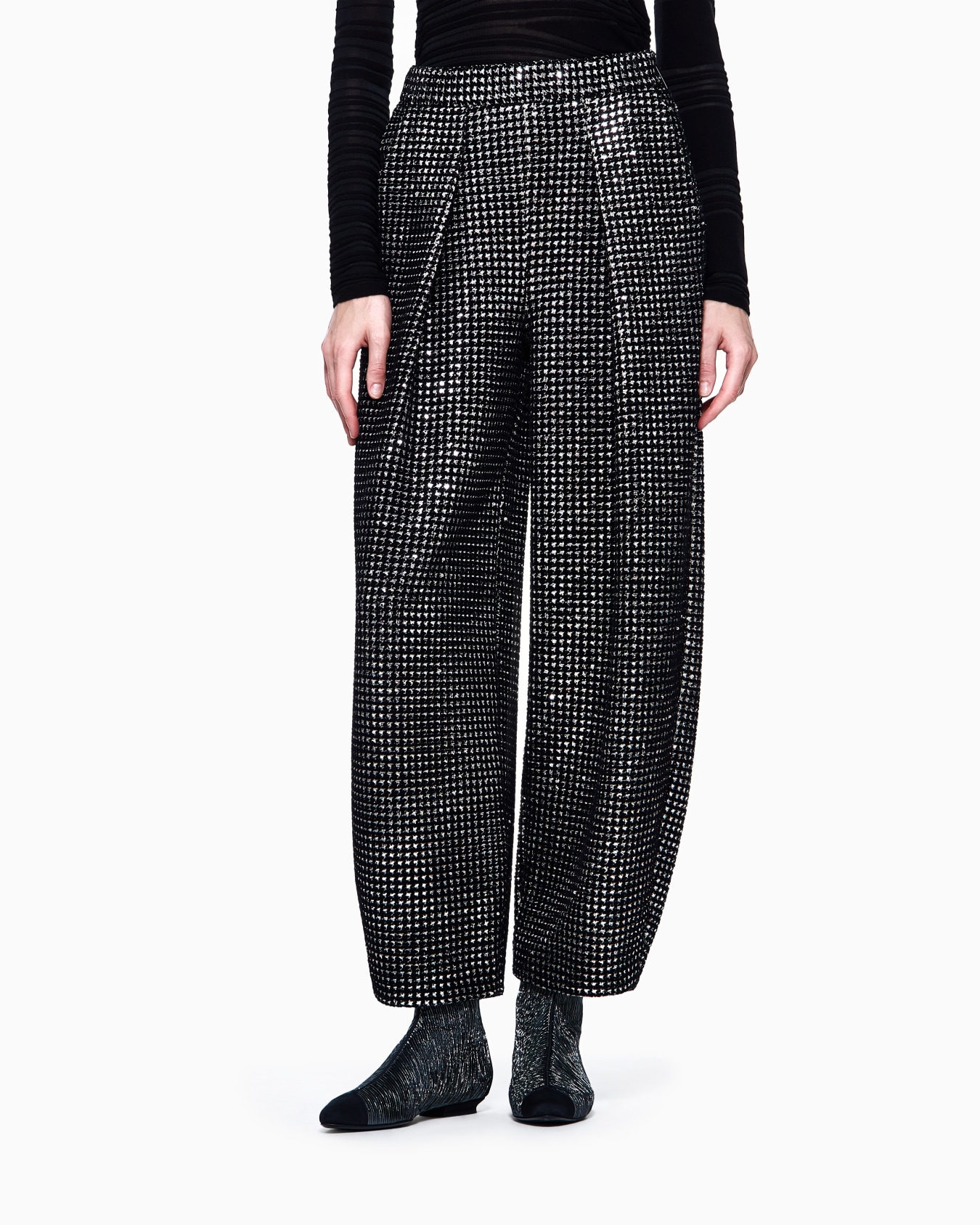 Pantaloni a una pince in jersey con stampa flock e paillettes Slide 3