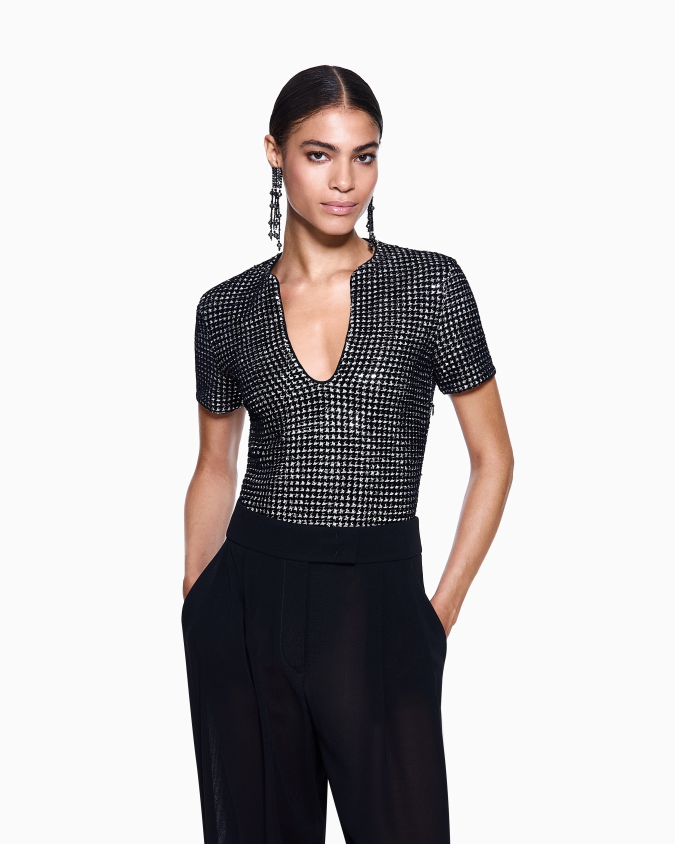 Jersey bodysuit with a flocked print and sequins Slide 3