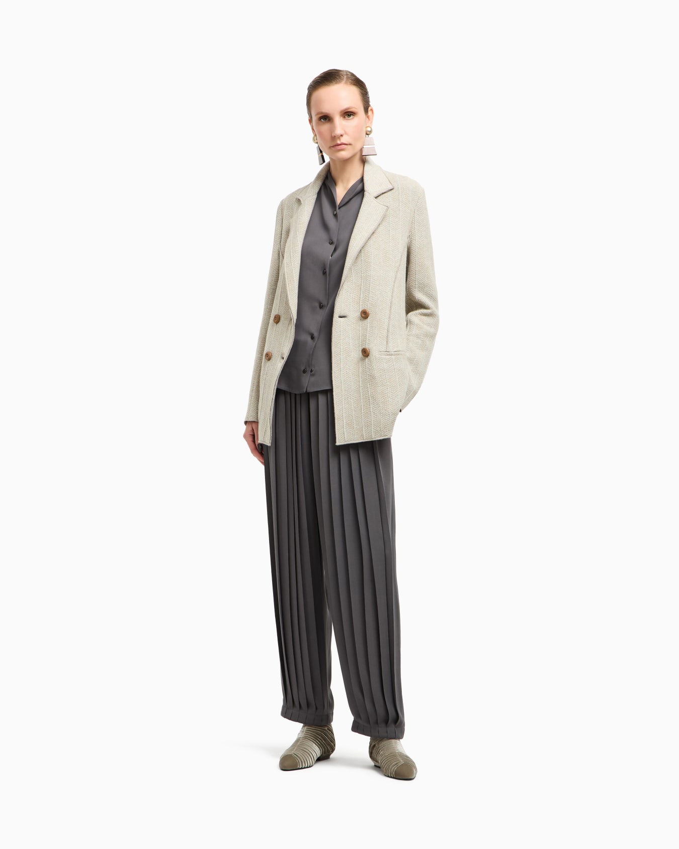 Giacca doppiopetto in jersey di cashmere e viscosa jacquard Slide 2