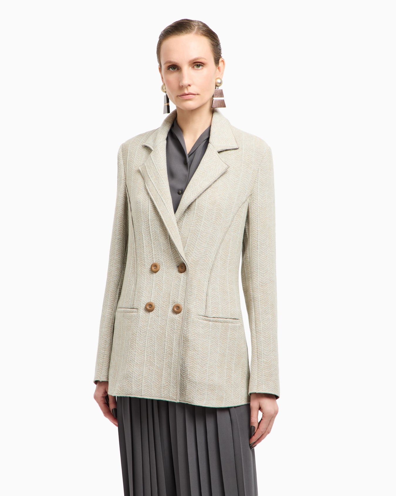 Giacca doppiopetto in jersey di cashmere e viscosa jacquard Slide 4