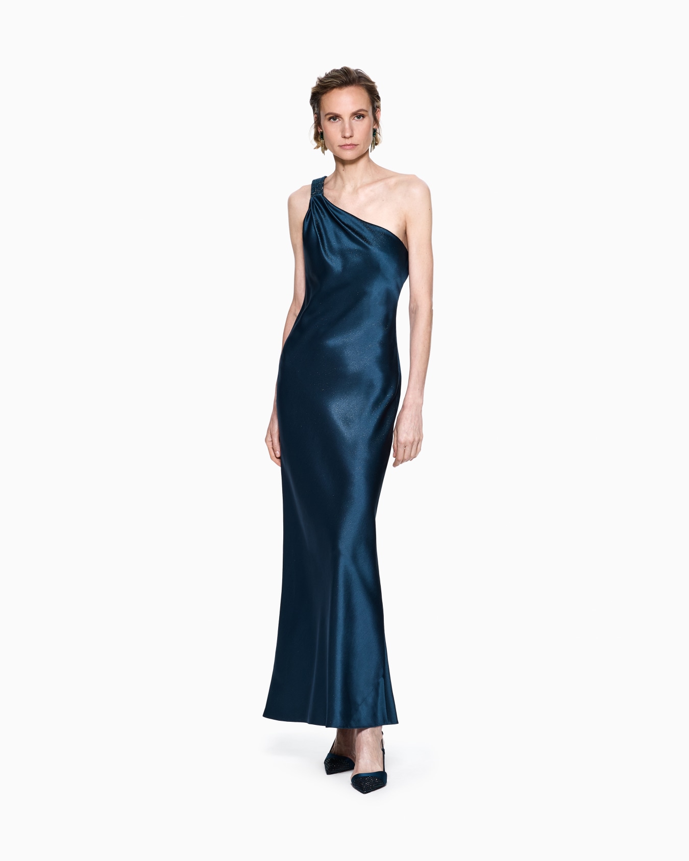 Long one-shoulder silk dress Slide 1