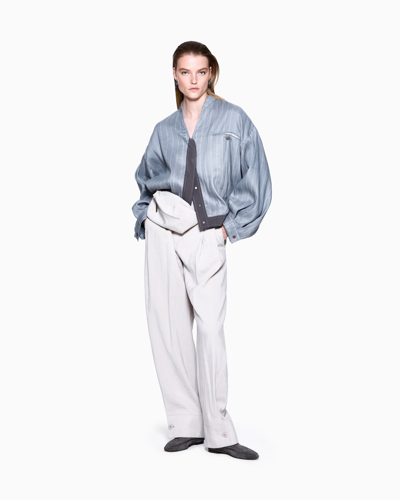 Pinstriped, silk and linen blouson Slide 2