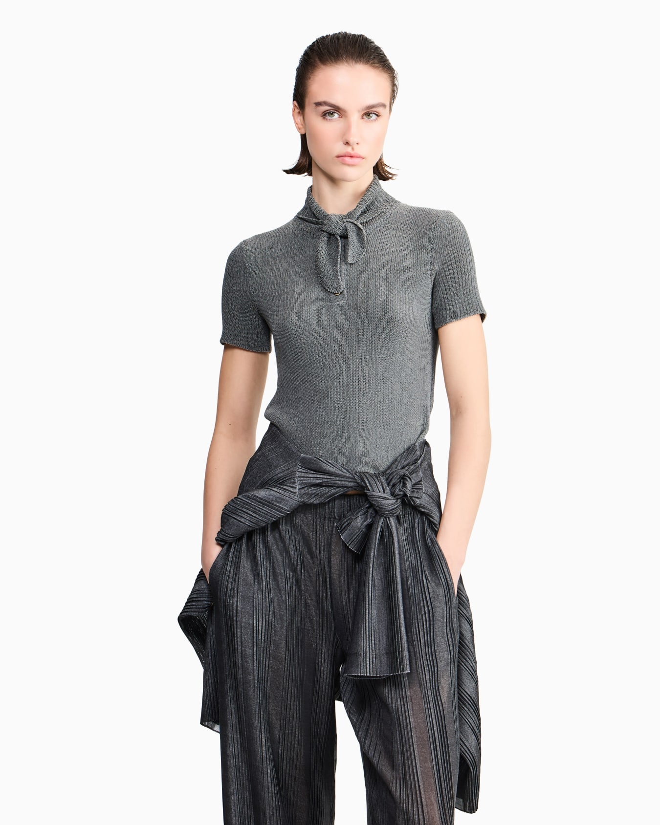 Short-sleeved polo shirt in cotton-blend interlock Slide 8