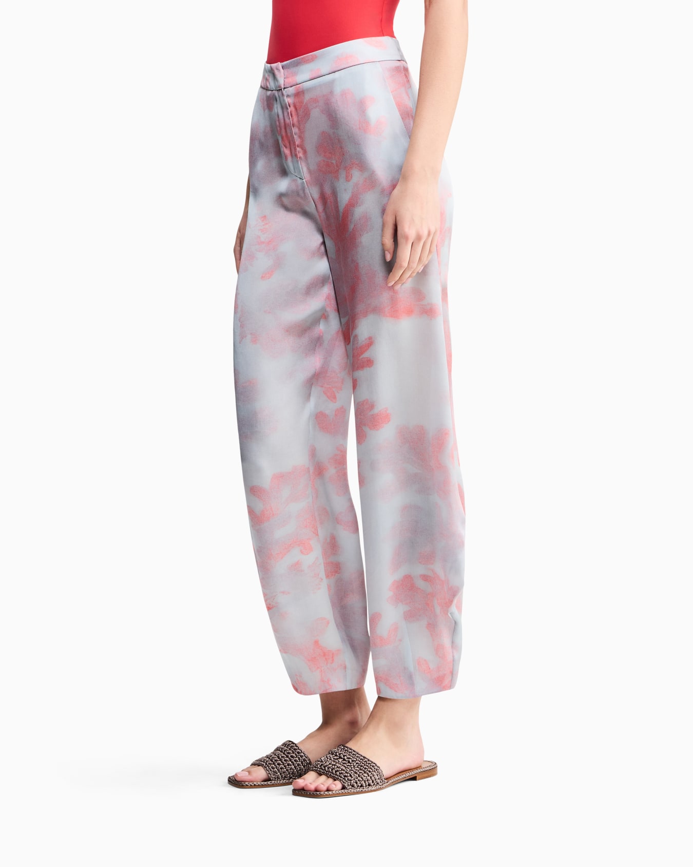 Rounded hem trousers in coral print silk Slide 2