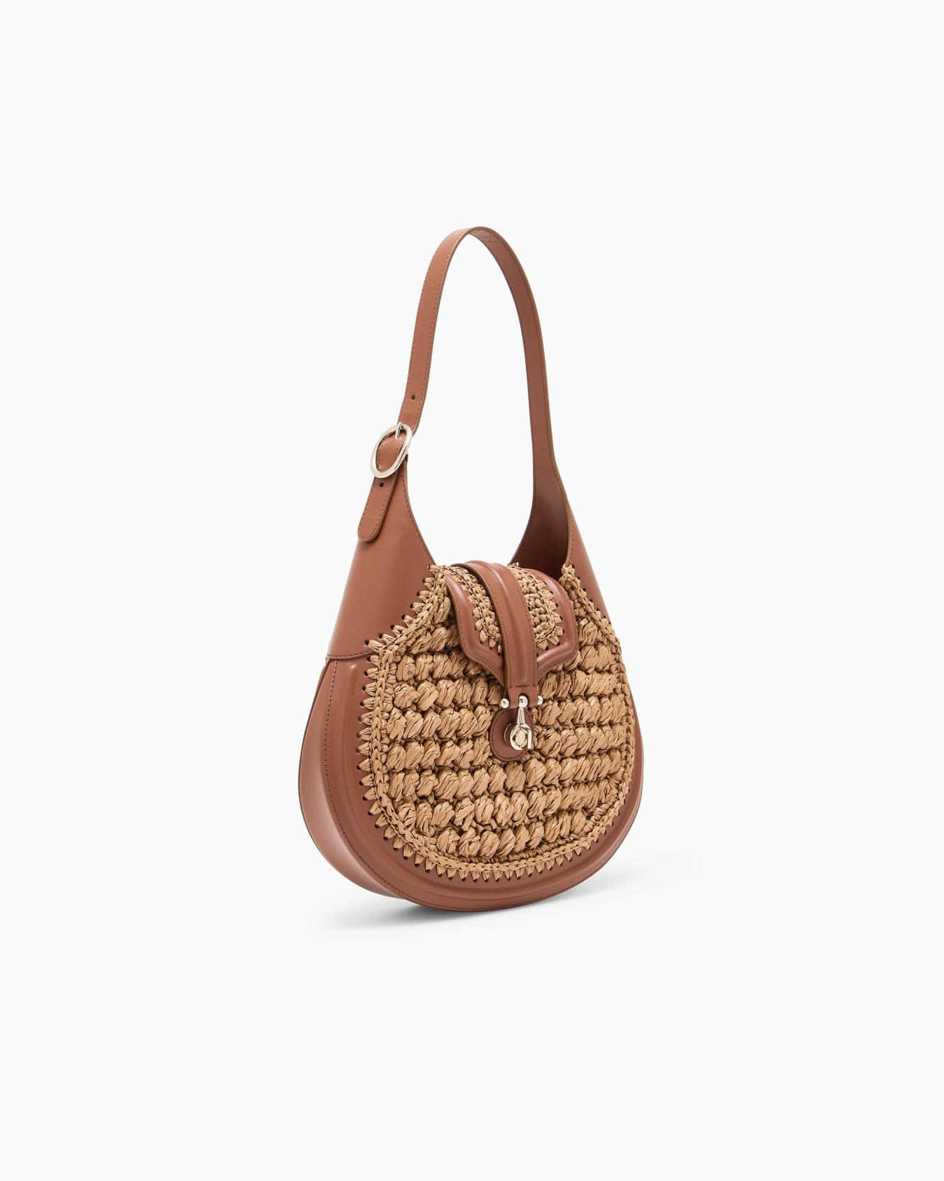 Hobo bag piccola in rafia punto oliva e pelle liscia Slide 1