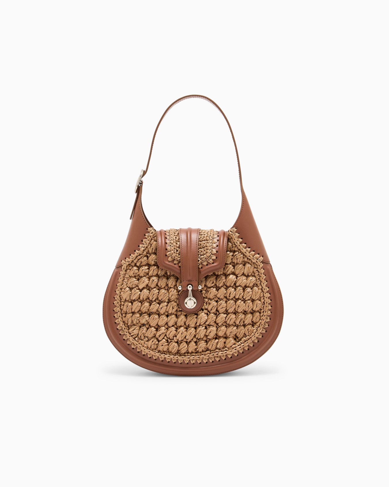 Hobo bag piccola in rafia punto oliva e pelle liscia Slide 0