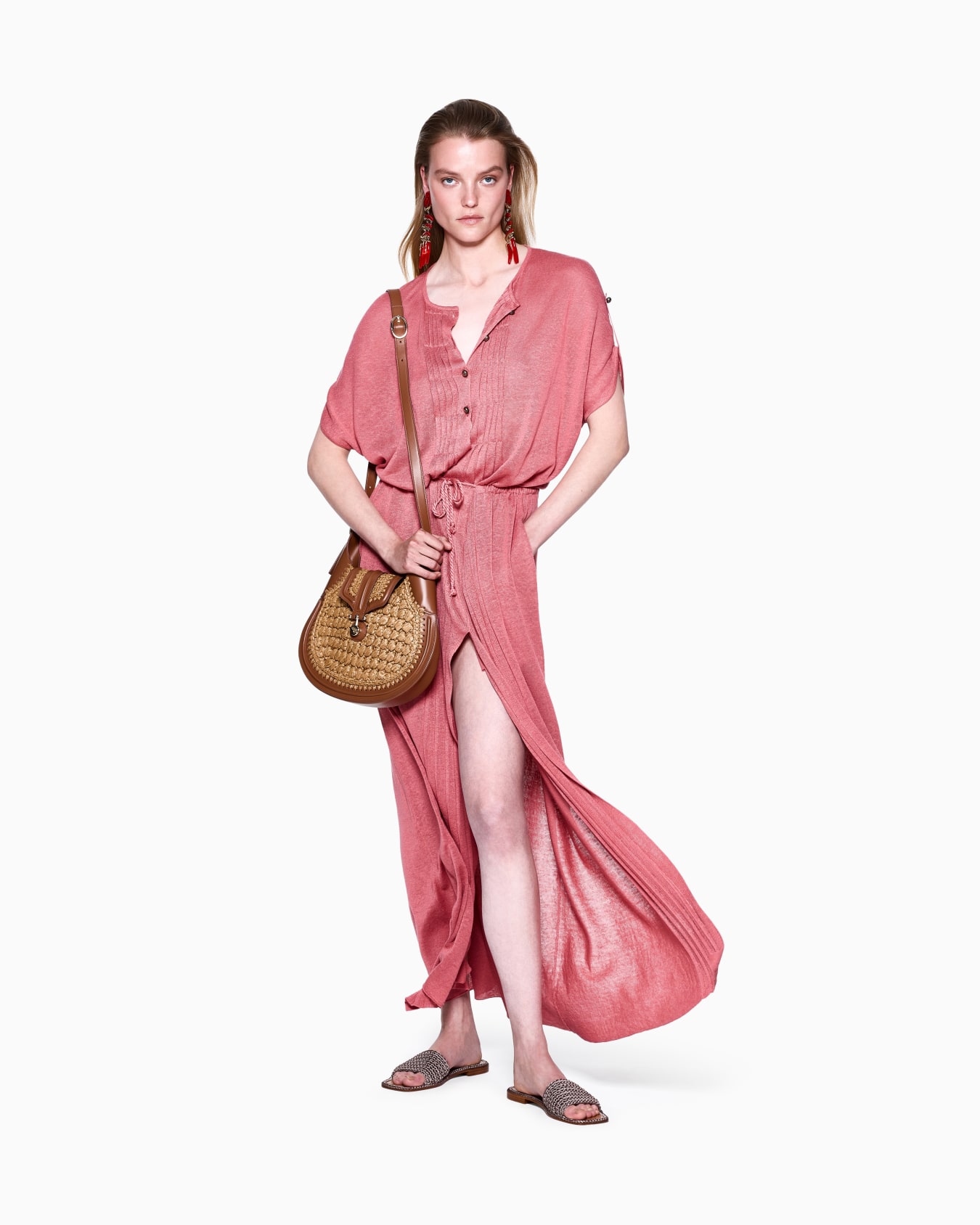 Hobo bag piccola in rafia punto oliva e pelle liscia Slide 5