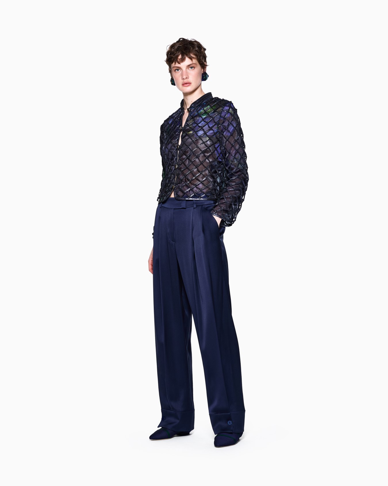Jacket in iridescent woven nappa leather and printed silk Slide 2