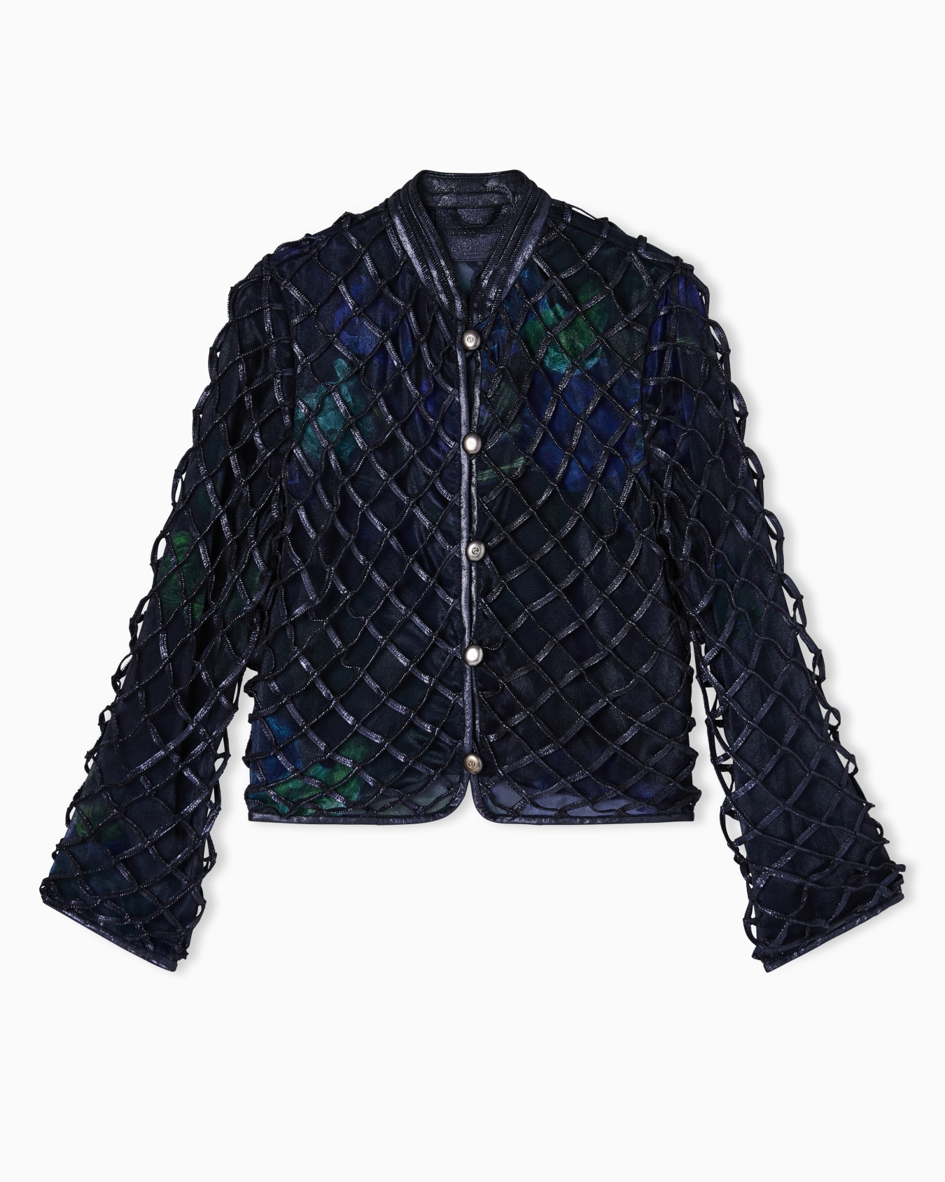 Jacket in iridescent woven nappa leather and printed silk Slide 0