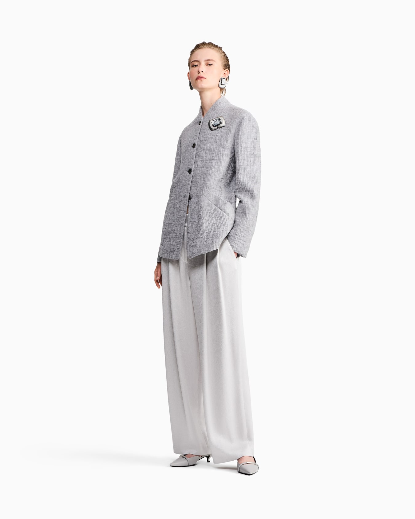 Regular fit guru collar jacket in wool and silk seersucker Slide 1