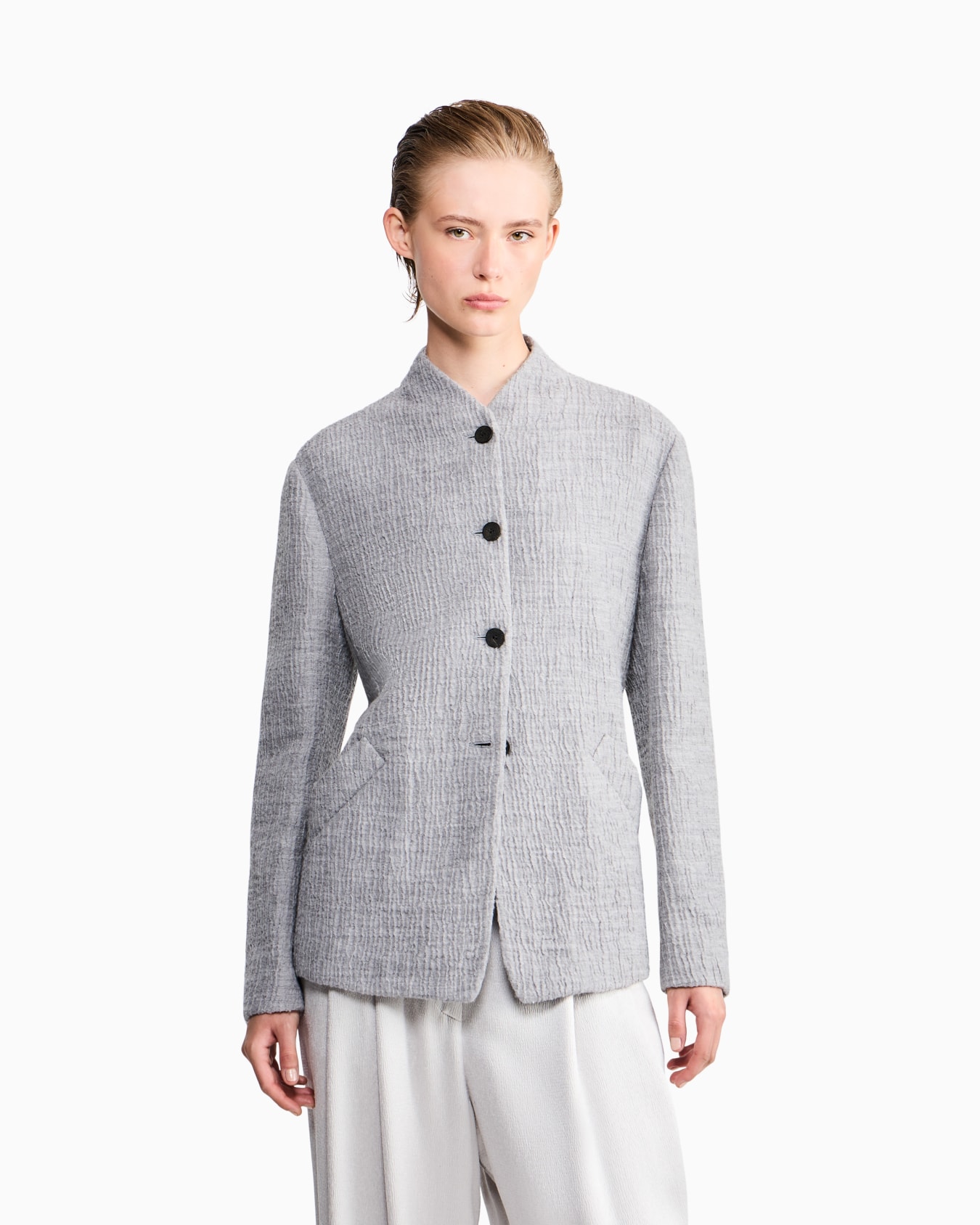 Regular fit guru collar jacket in wool and silk seersucker Slide 3