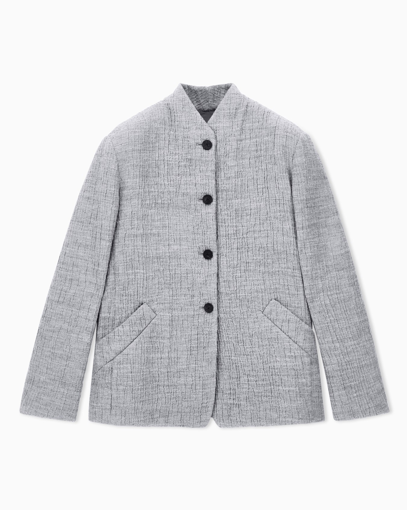 Regular fit guru collar jacket in wool and silk seersucker Slide 0