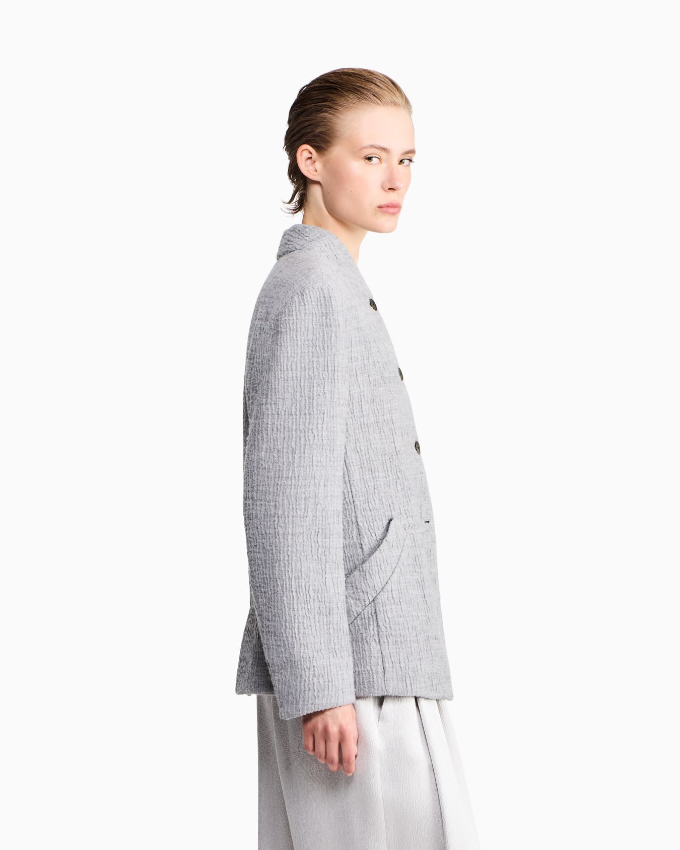 Regular fit guru collar jacket in wool and silk seersucker Slide 7