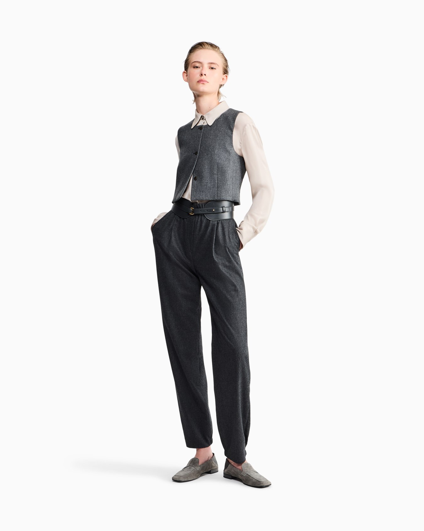 Regular fit pull-on trousers in wool and cashmere flannel Slide 1