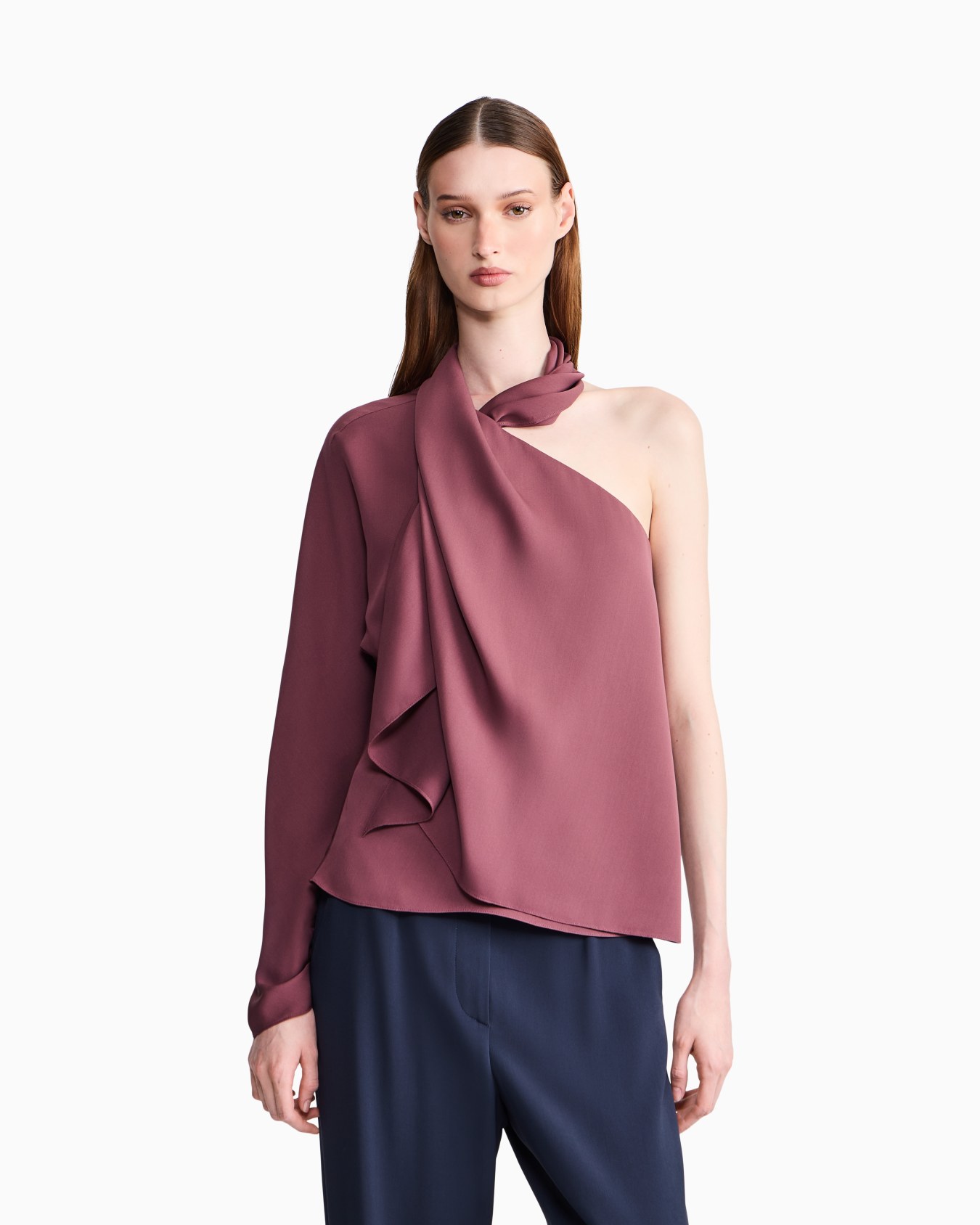 Camicia monospalla in tripla georgette di seta con pannello Slide 3