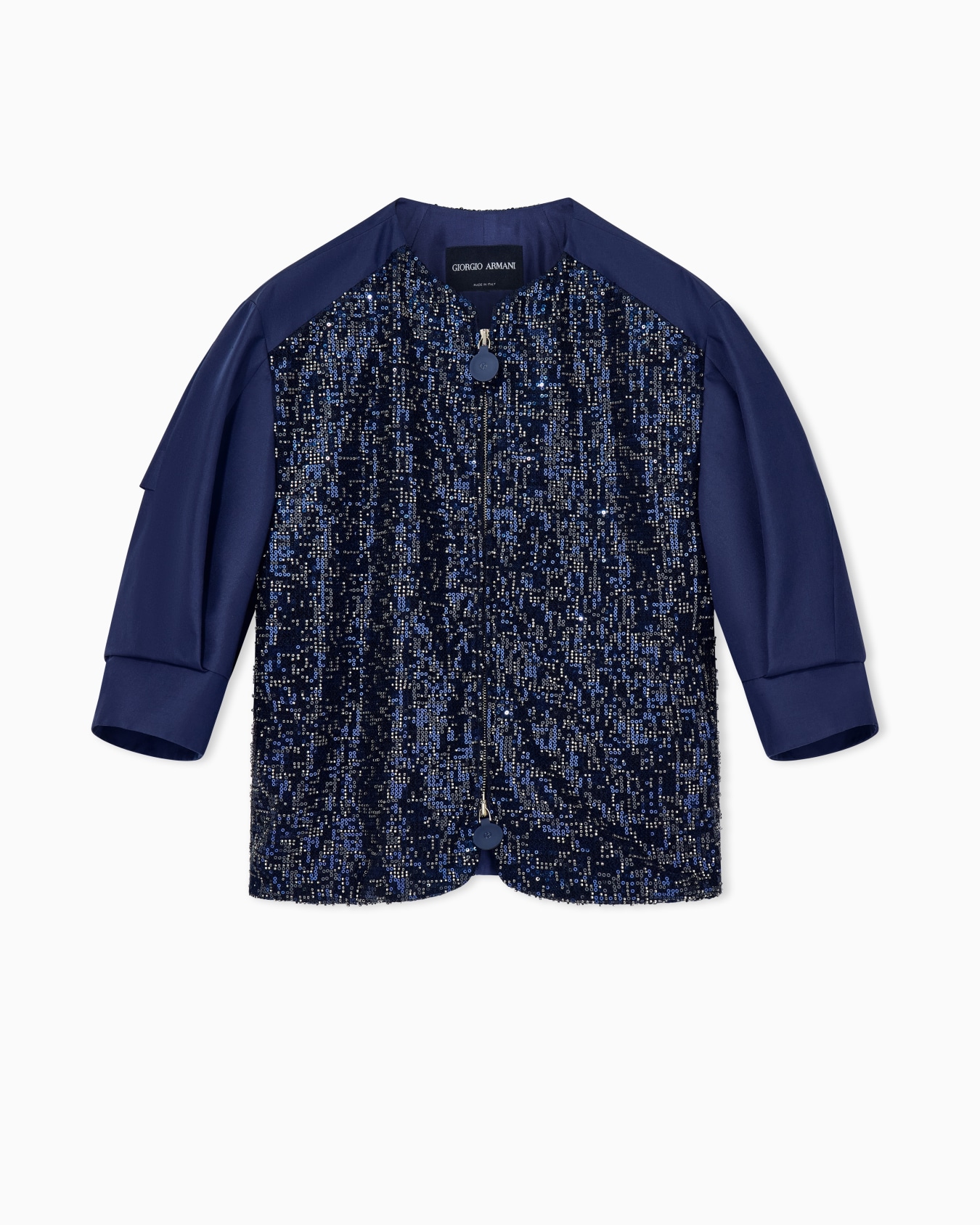 Embroidered cropped coat in silk shangtung with beaded front Slide 0