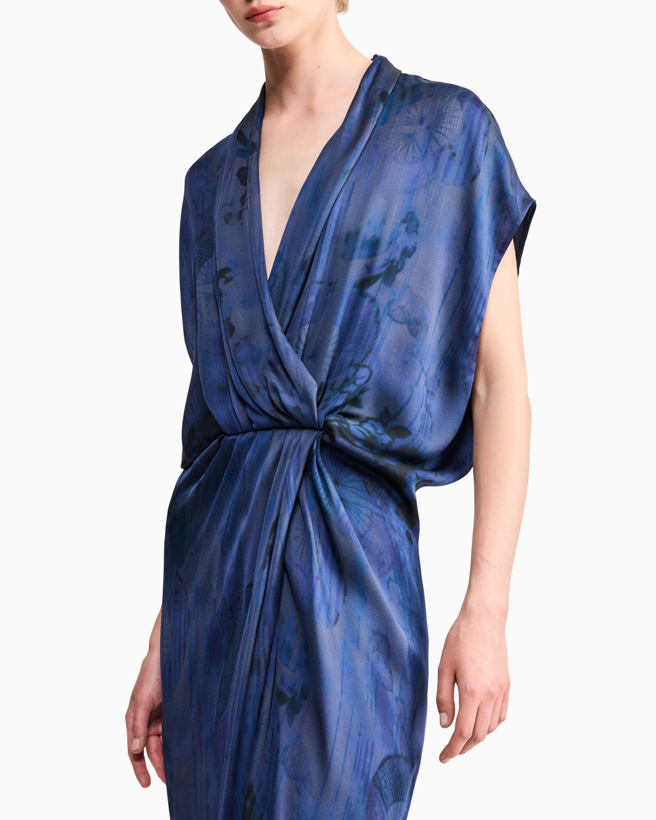 Draped silk dress with deep neckline and batik flower print Slide 6
