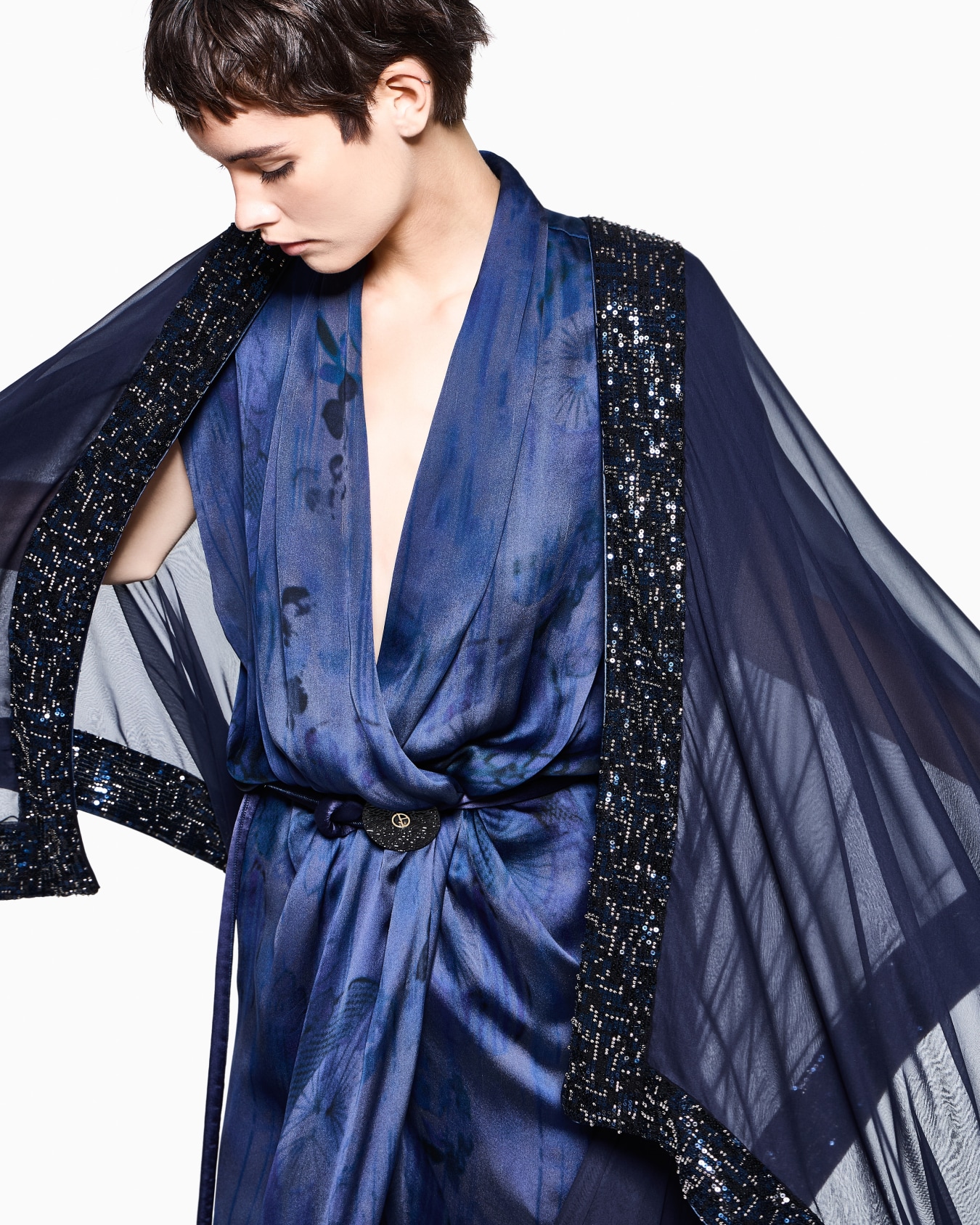 Draped silk dress with deep neckline and batik flower print Slide 3