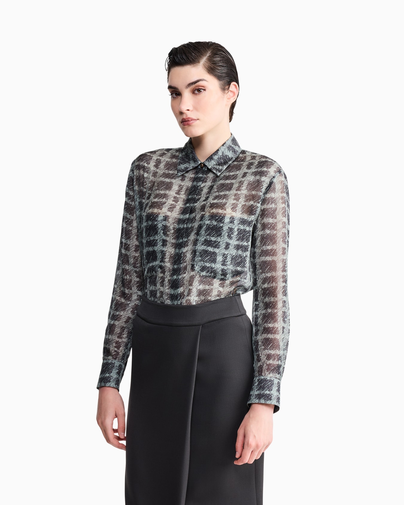 Shirt regular fit check silk chiffon with patch pockets Slide 3