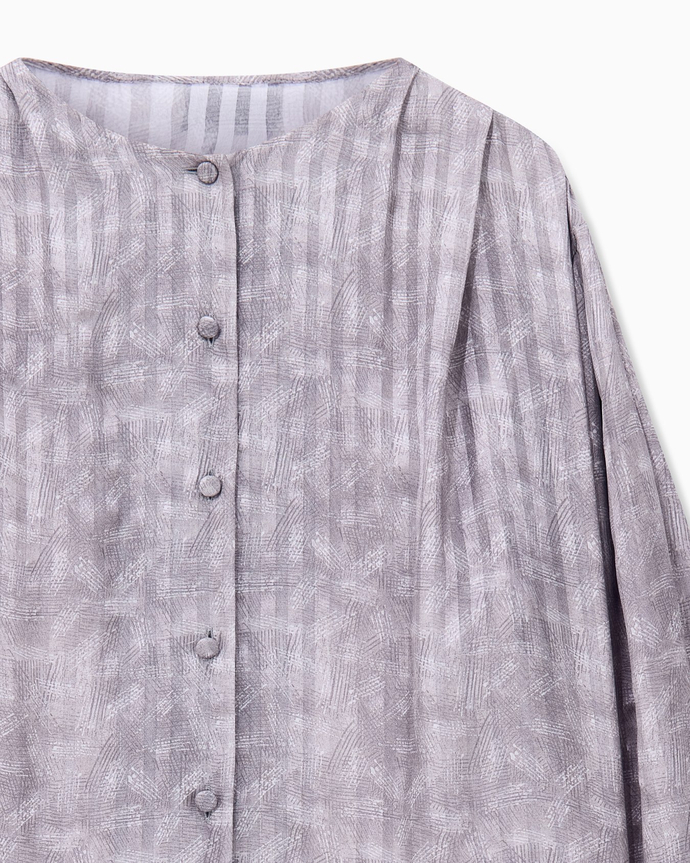 Blouse collarless printed silk shoulder pleats wide stripes Slide 3