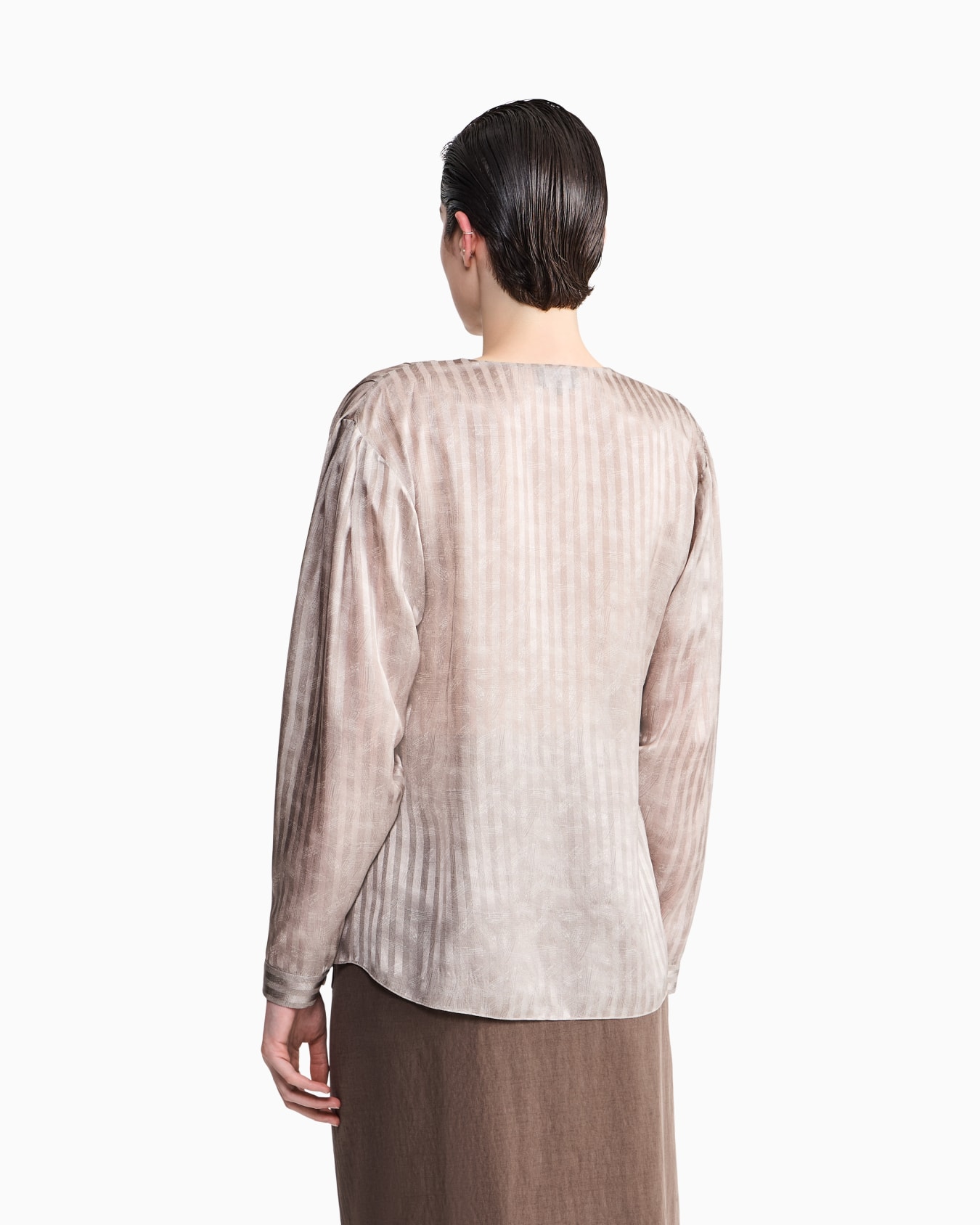 Blouse collarless printed silk shoulder pleats wide stripes Slide 5