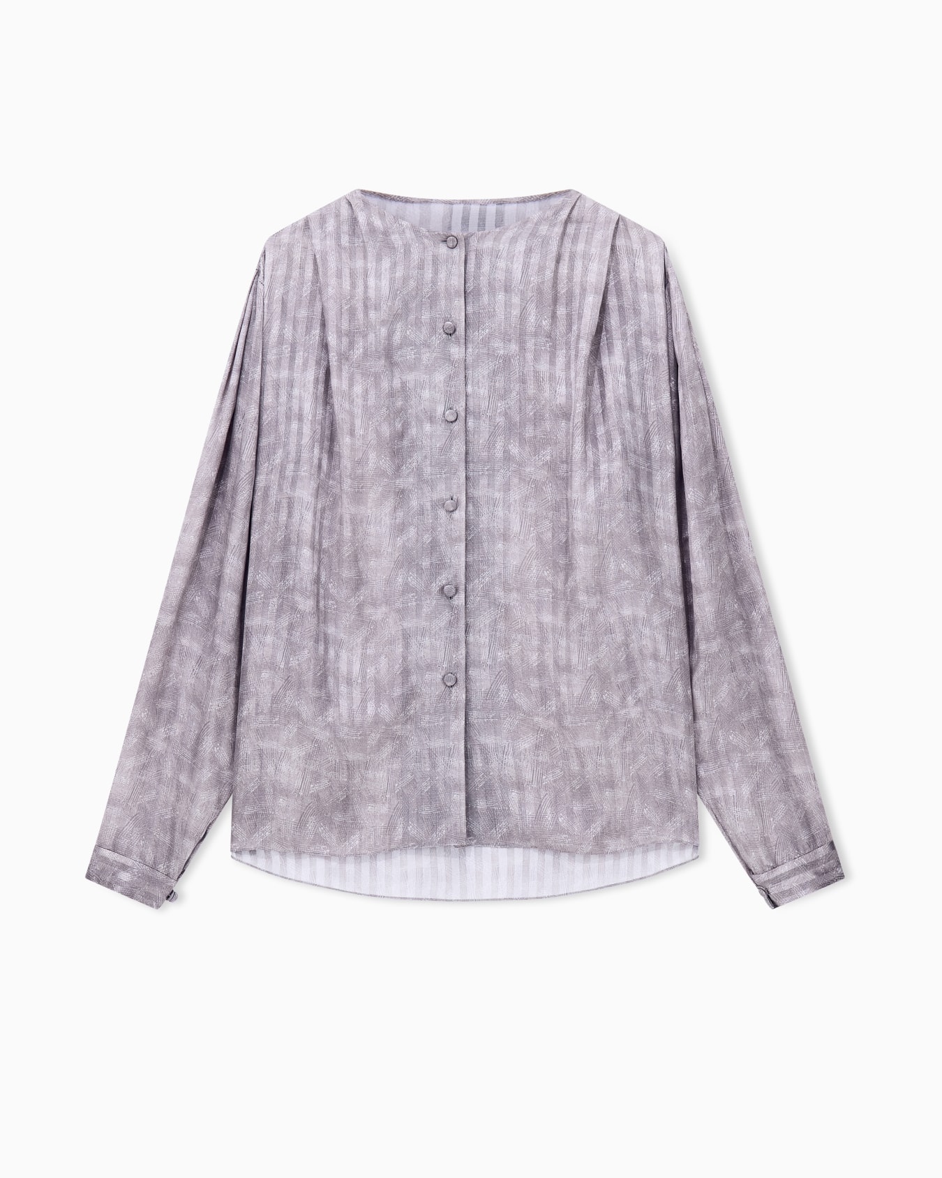 Blouse collarless printed silk shoulder pleats wide stripes Slide 0