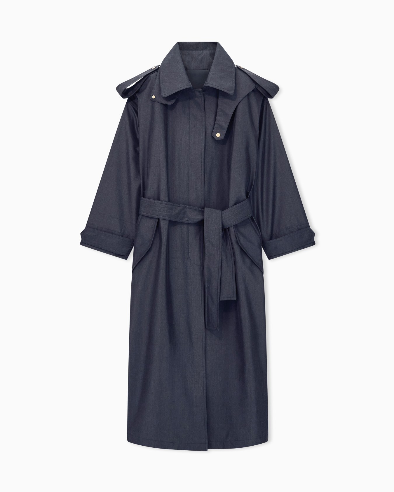 Long waterproof trench coat in silk shantung with a belt Slide 0