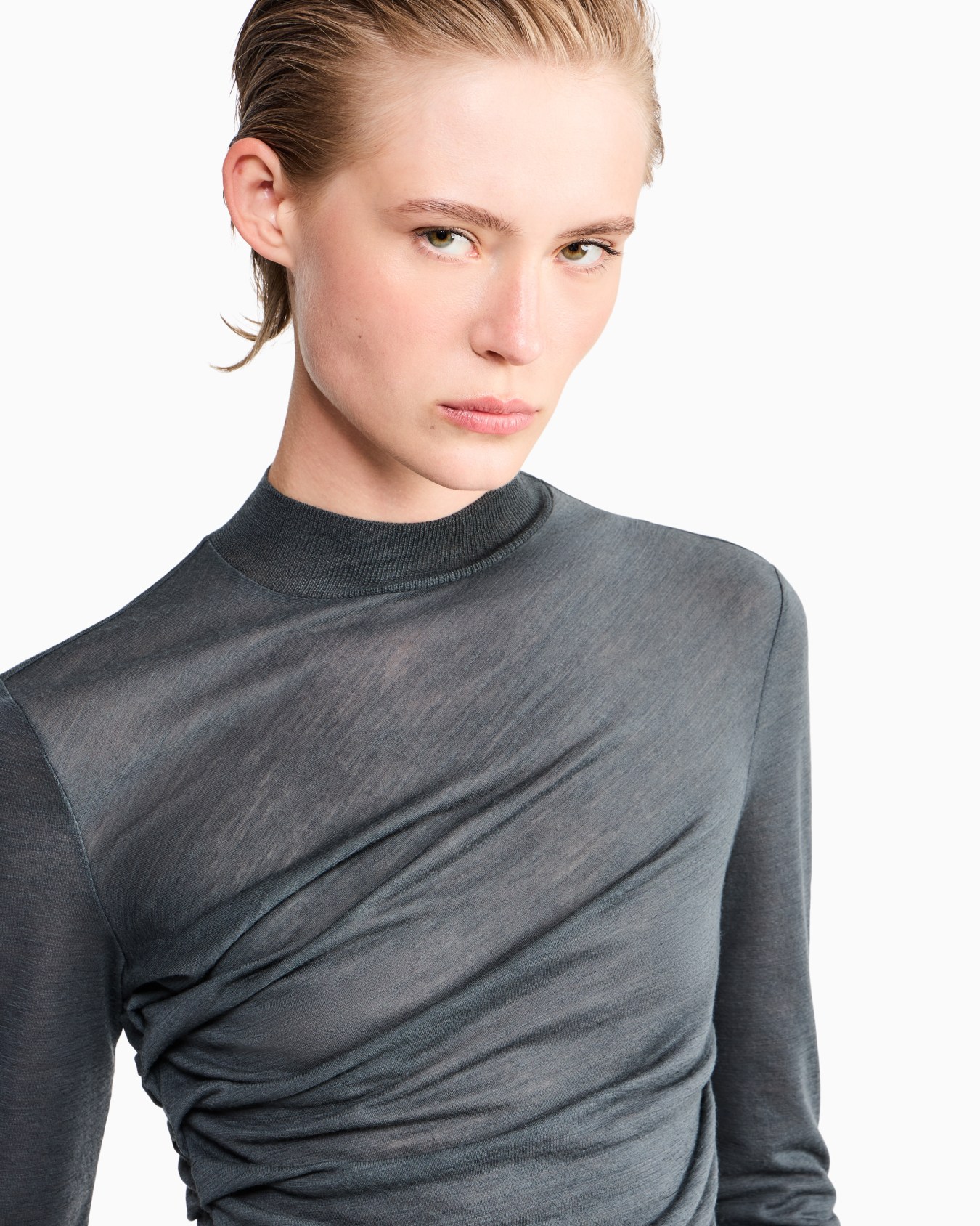Jersey de lana con cuello chimenea y drapeado frontal Diapositiva 6