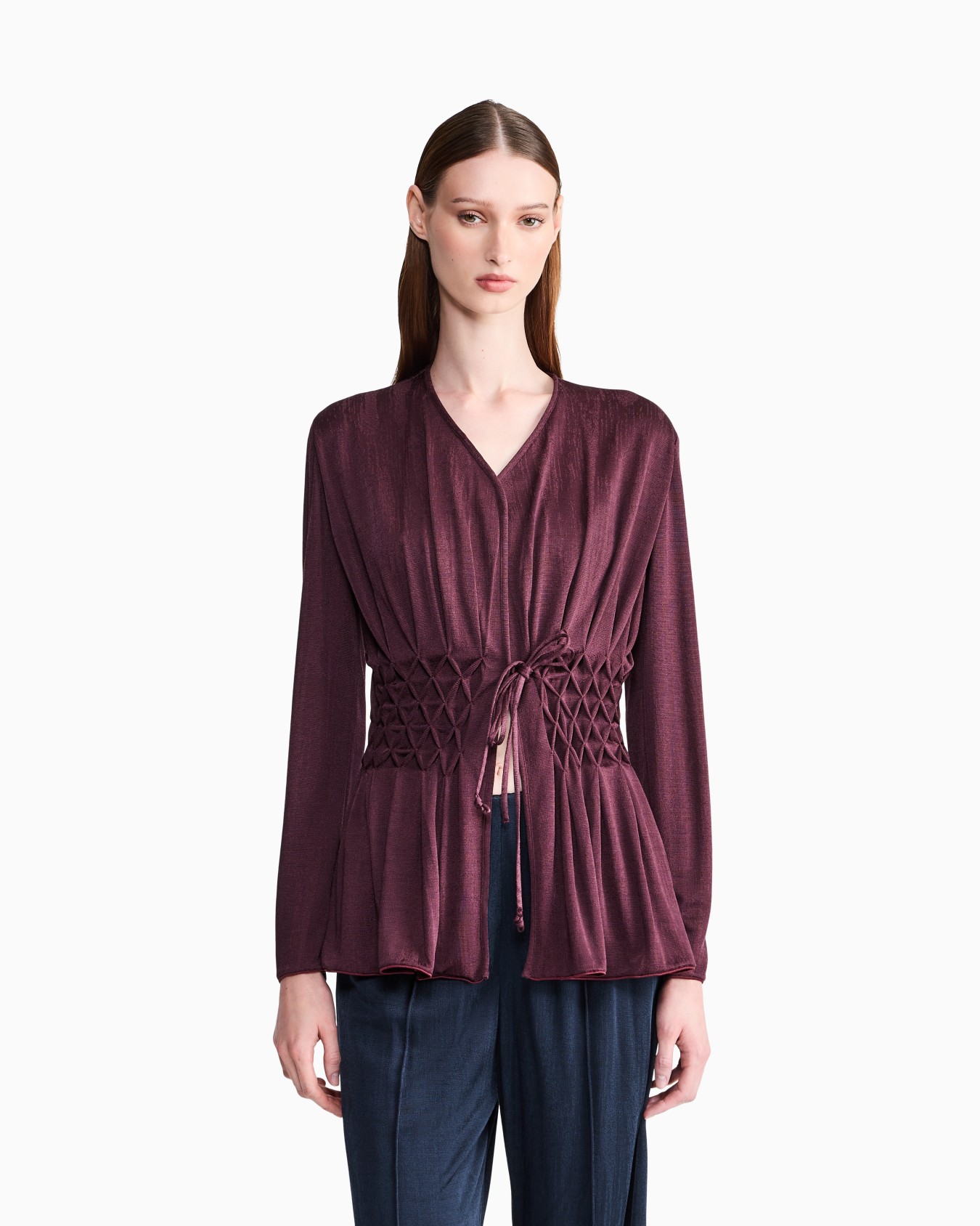 Chaqueta de viscosa jacquard con escote en v y punto smock Diapositiva 3
