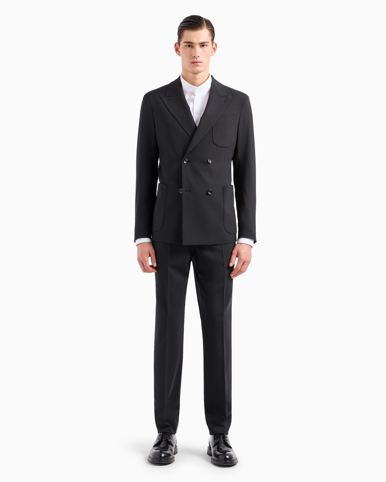 Double-breasted virgin-wool two-way stretch canvas suit Slide 1