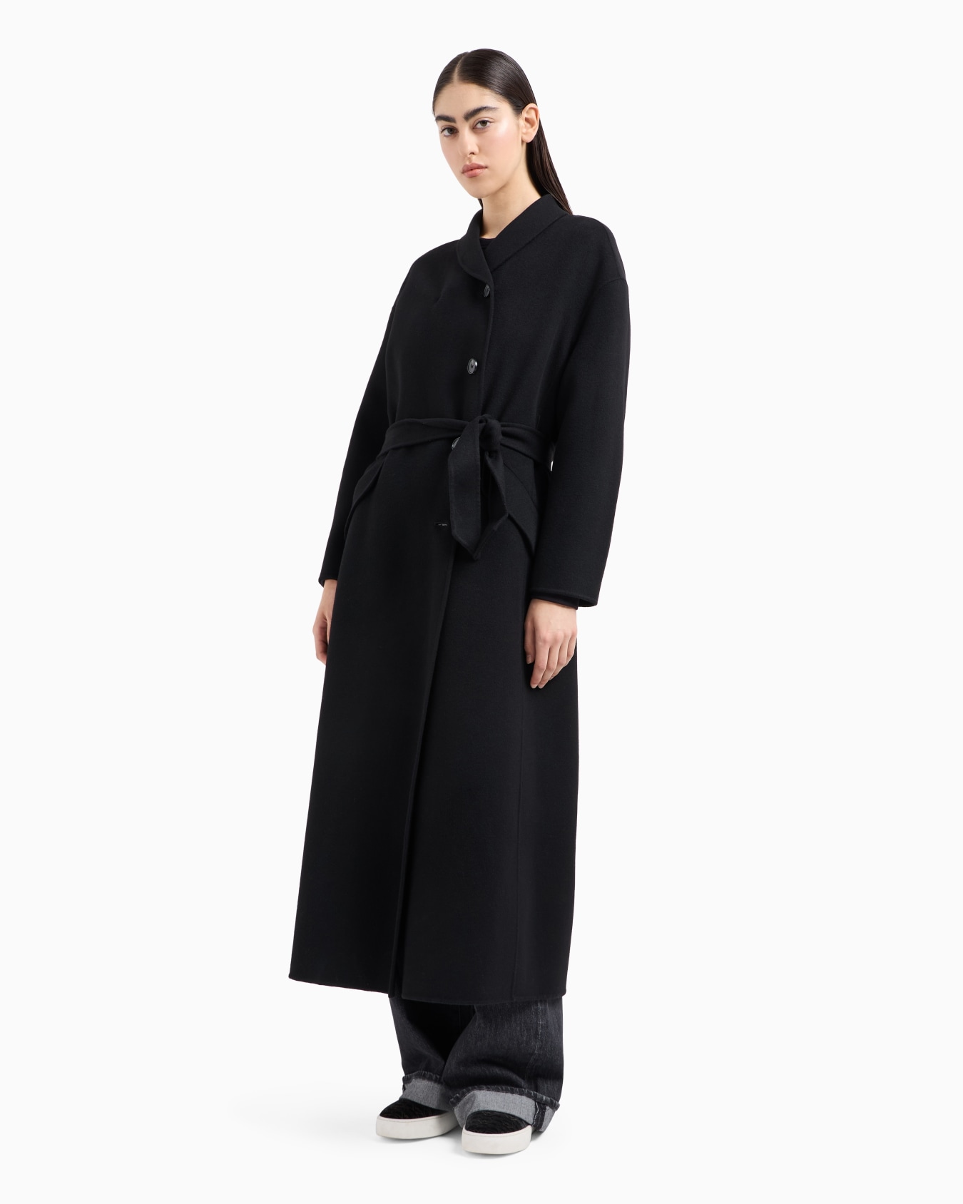 Long wool cloth coat with off-centre closure and belt Slide 1