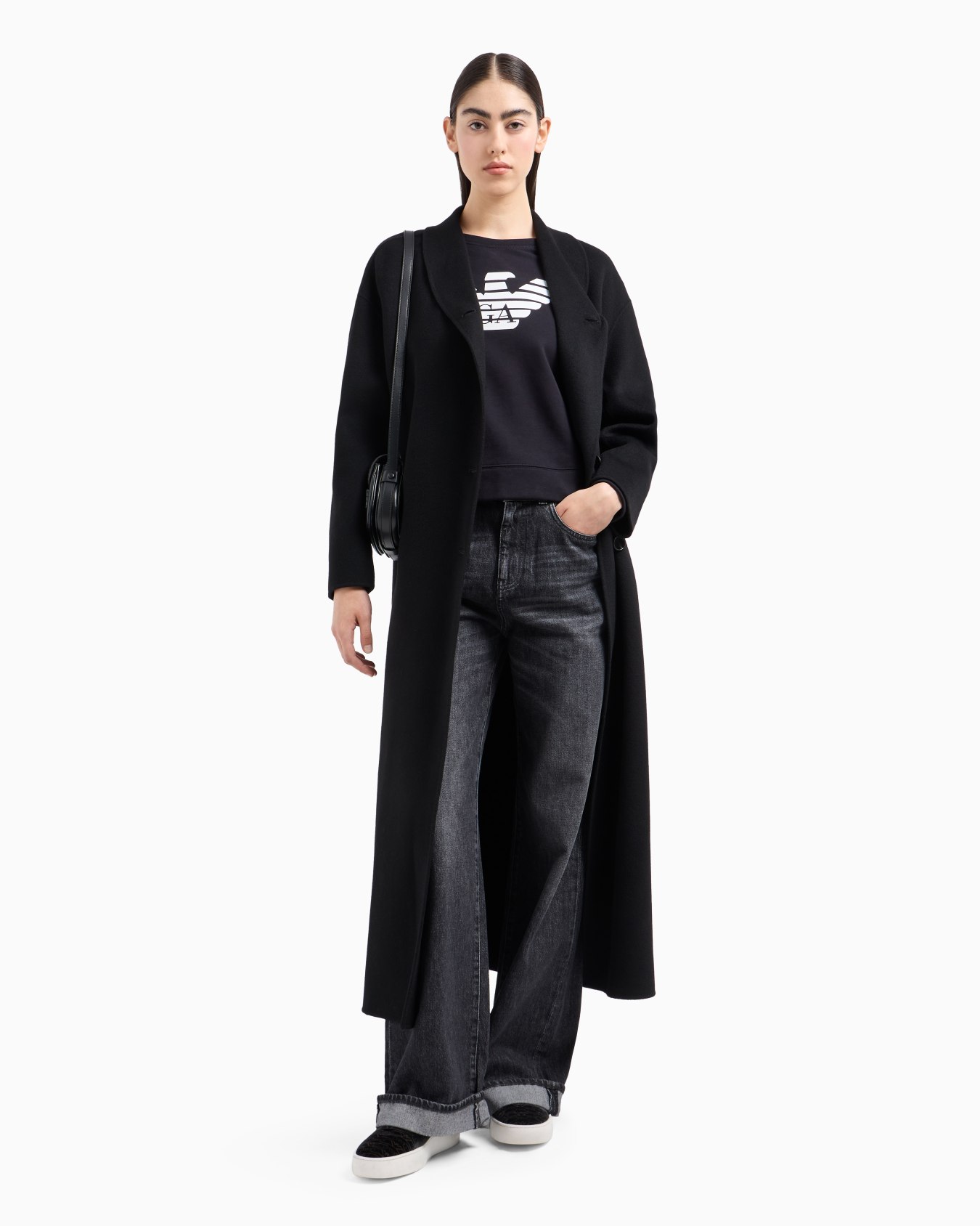 Long wool cloth coat with off-centre closure and belt Slide 3