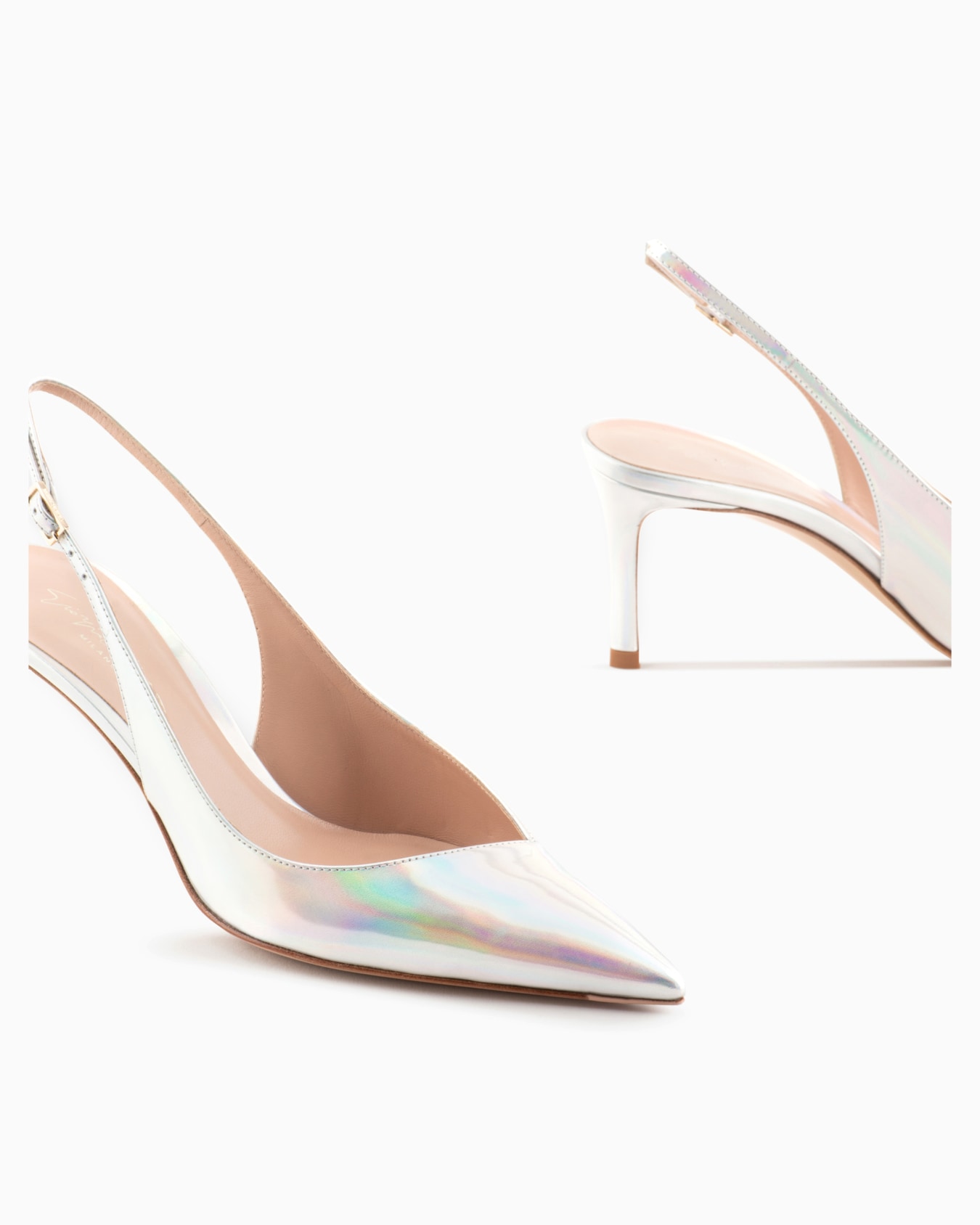 Iridescent leather heeled slingbacks with asymmetric collar Slide 3