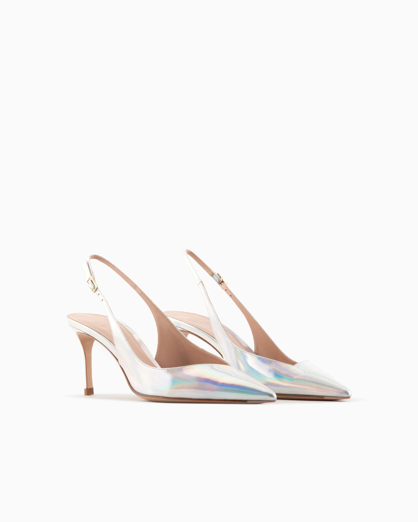 Slingback con tacco in pelle iridescente con scollo asimmetrico Slide 1