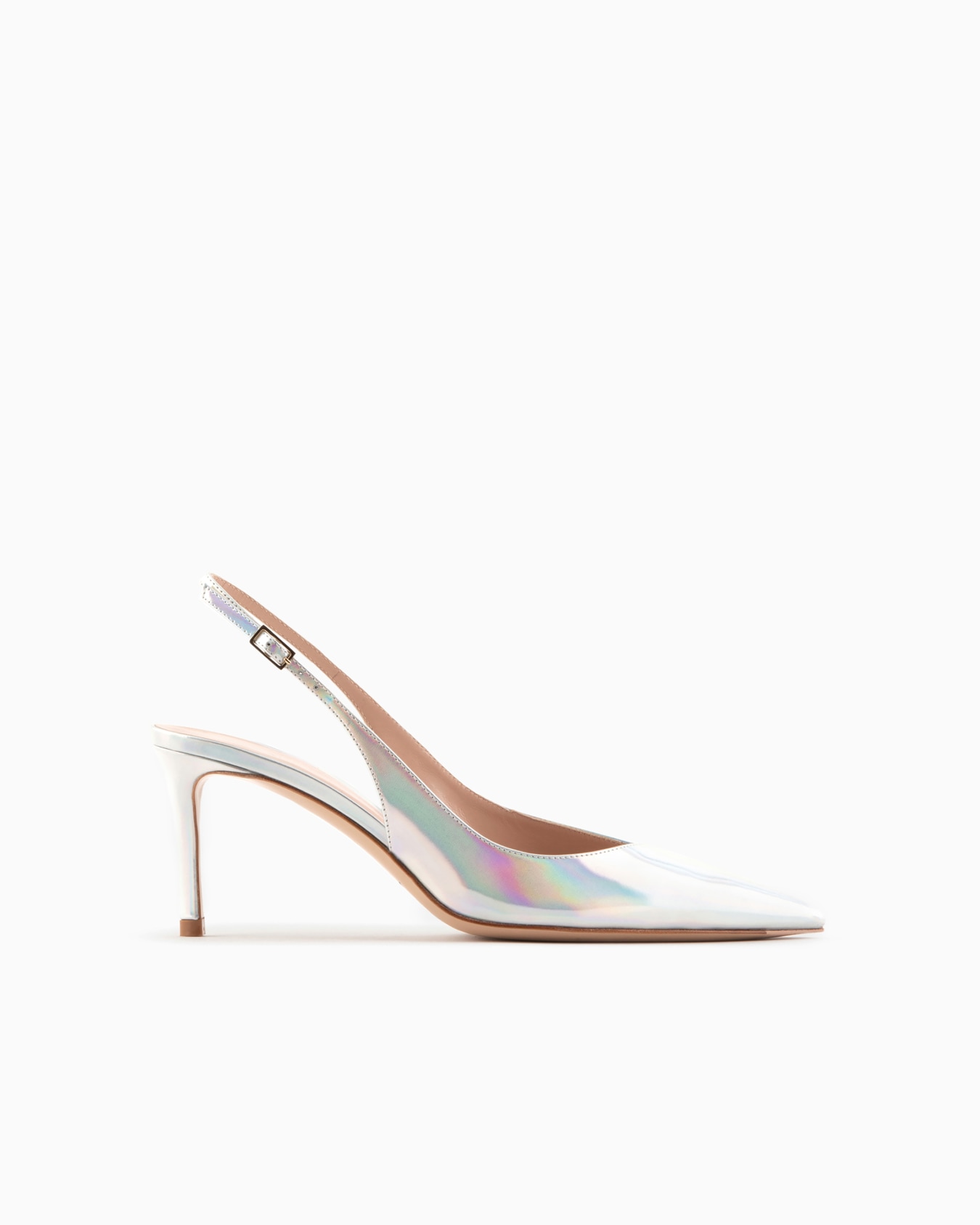 Slingback con tacco in pelle iridescente con scollo asimmetrico Slide 0