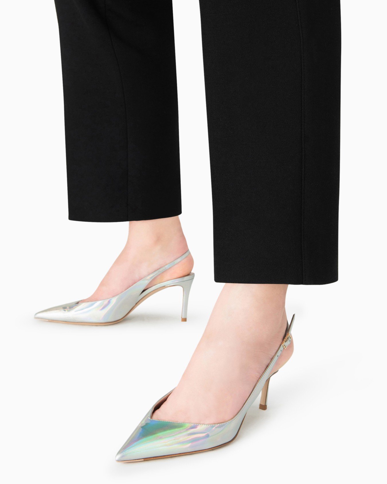 Iridescent leather heeled slingbacks with asymmetric collar Slide 4
