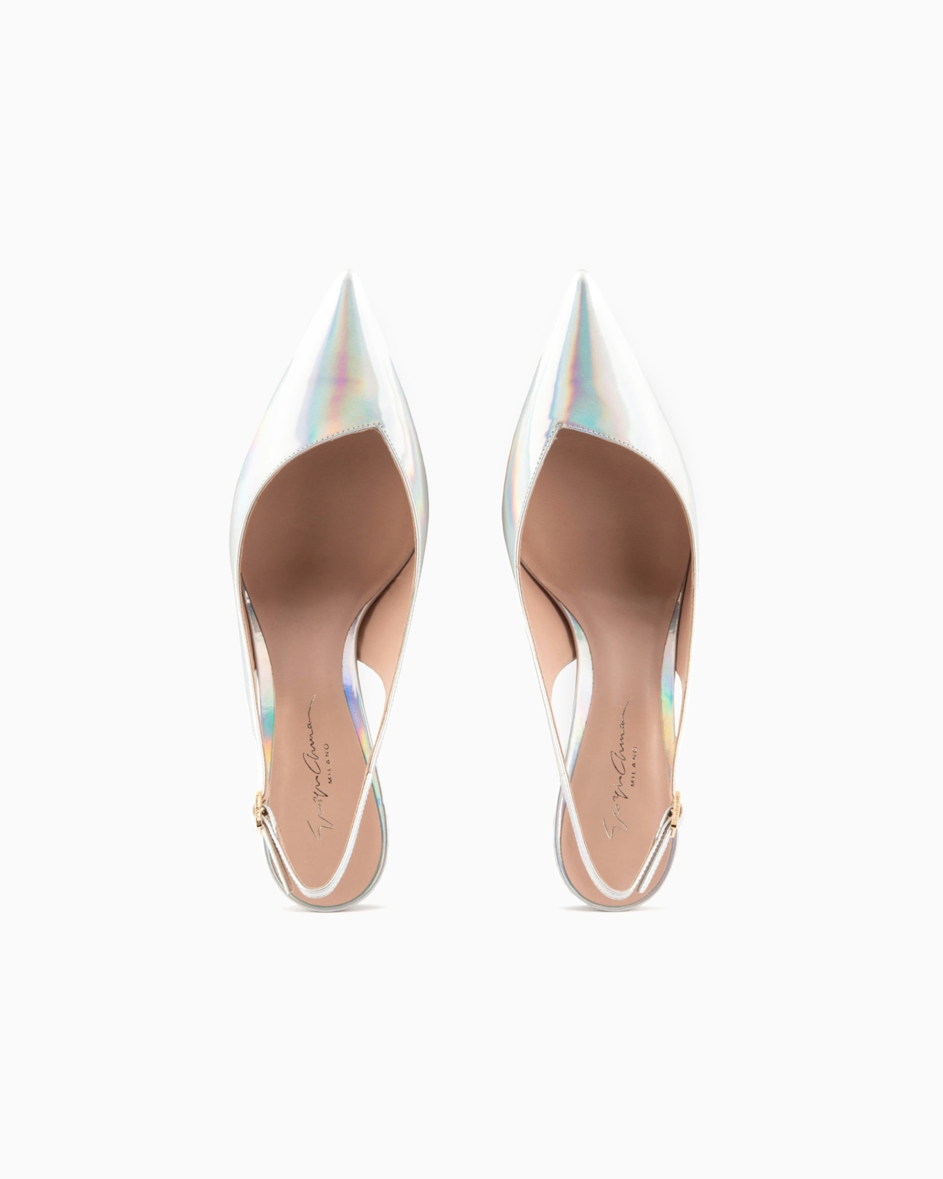 Iridescent leather heeled slingbacks with asymmetric collar Slide 2