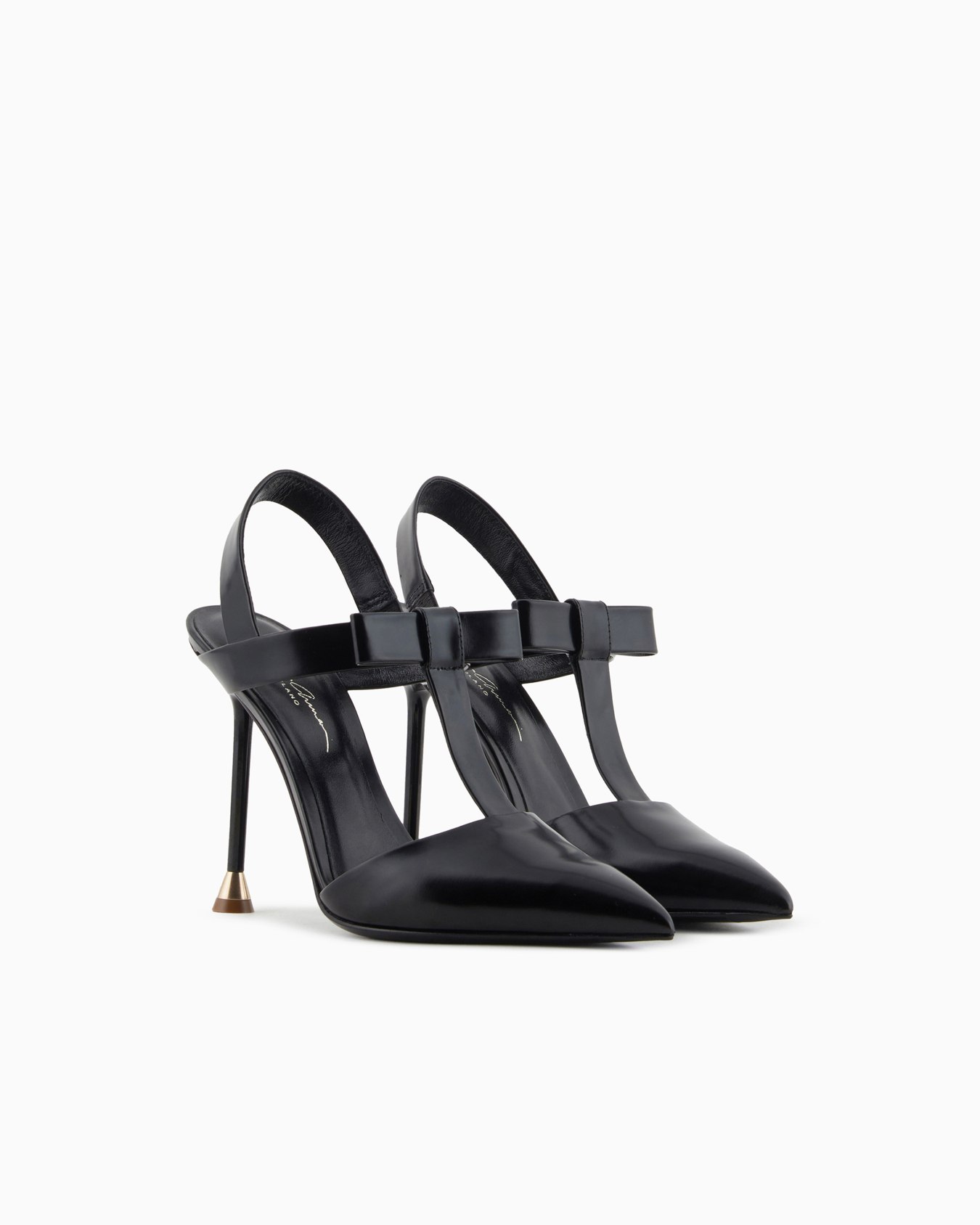 Brushed leather T-bar court shoes with bow Slide 1