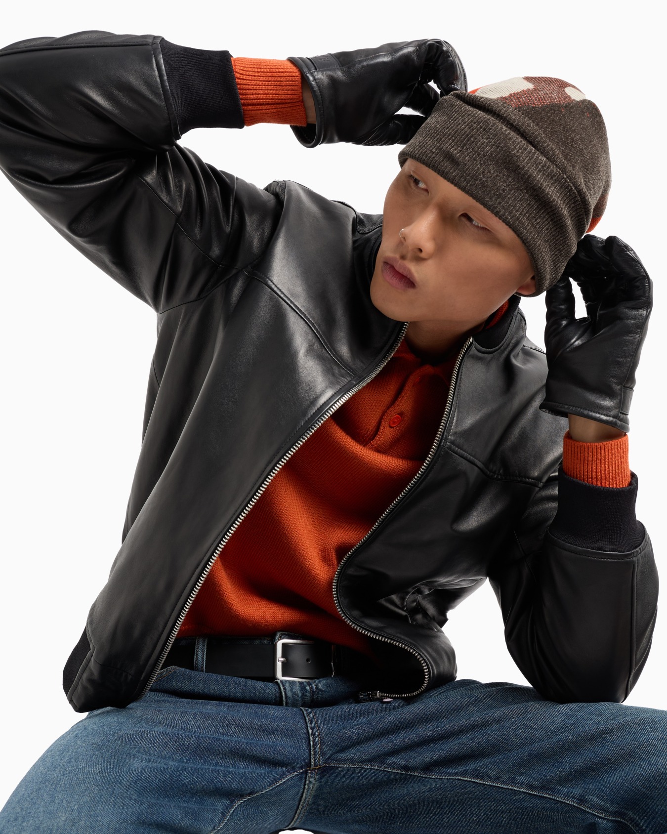 Leather jacket with fabric details Slide 4