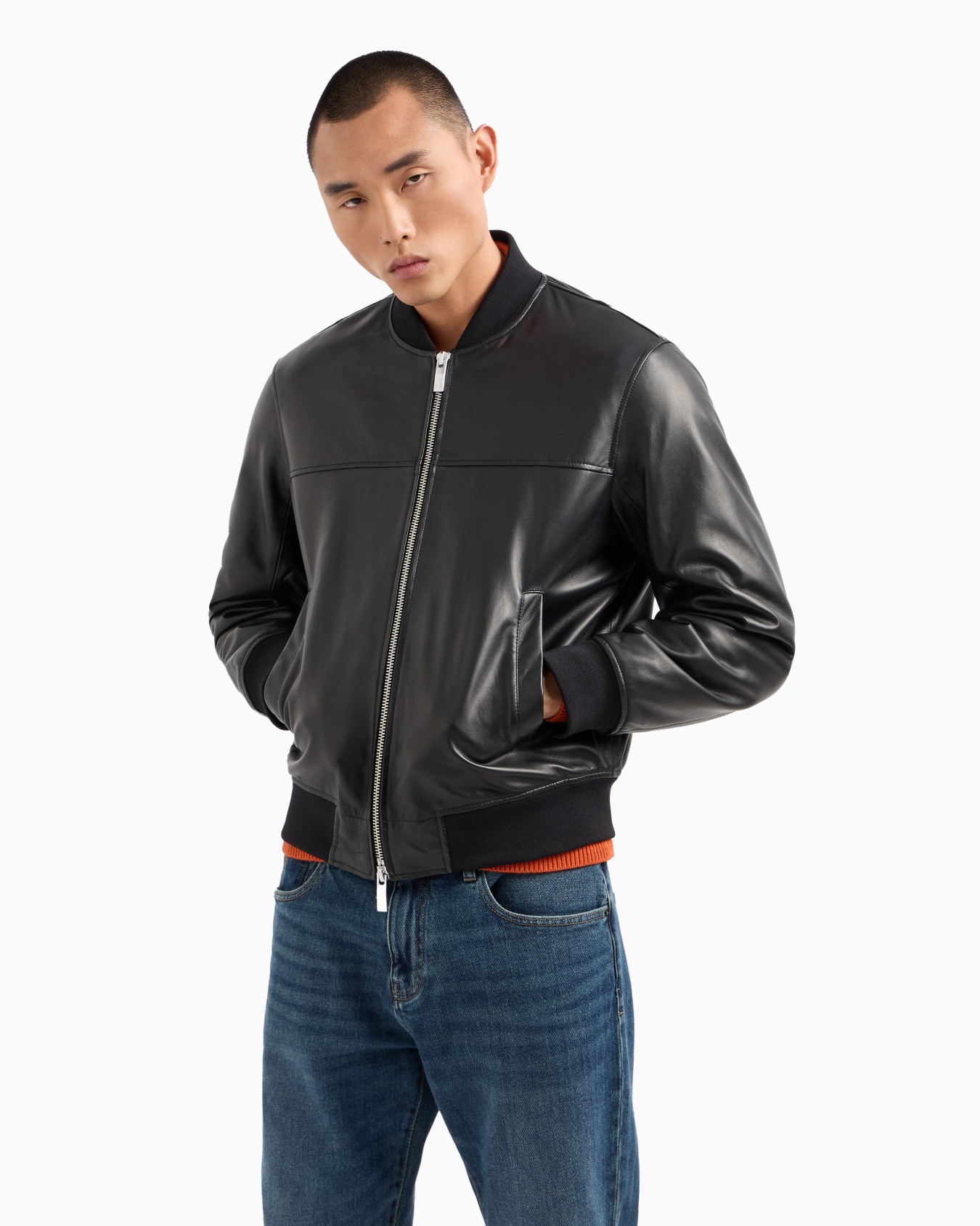 Leather jacket with fabric details Slide 1