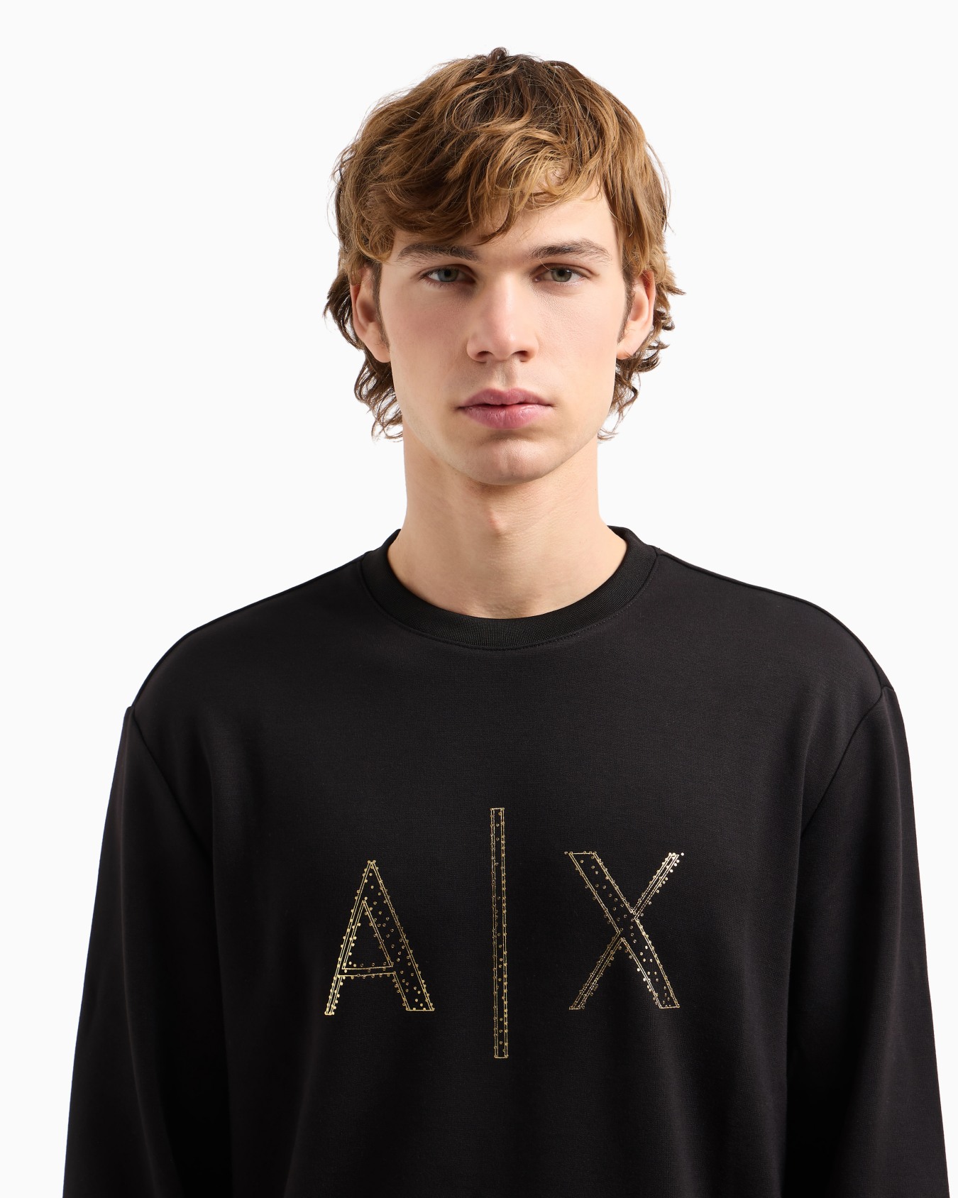 Sudadera de cuello redondo con logotipo de diamantes de imitación dorados Diapositiva 4