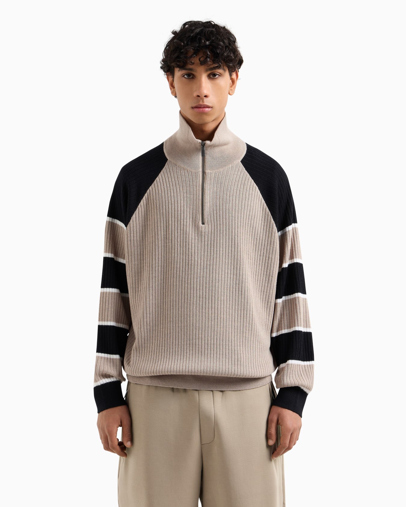 Zip-up sweater with striped sleeves Slide 3