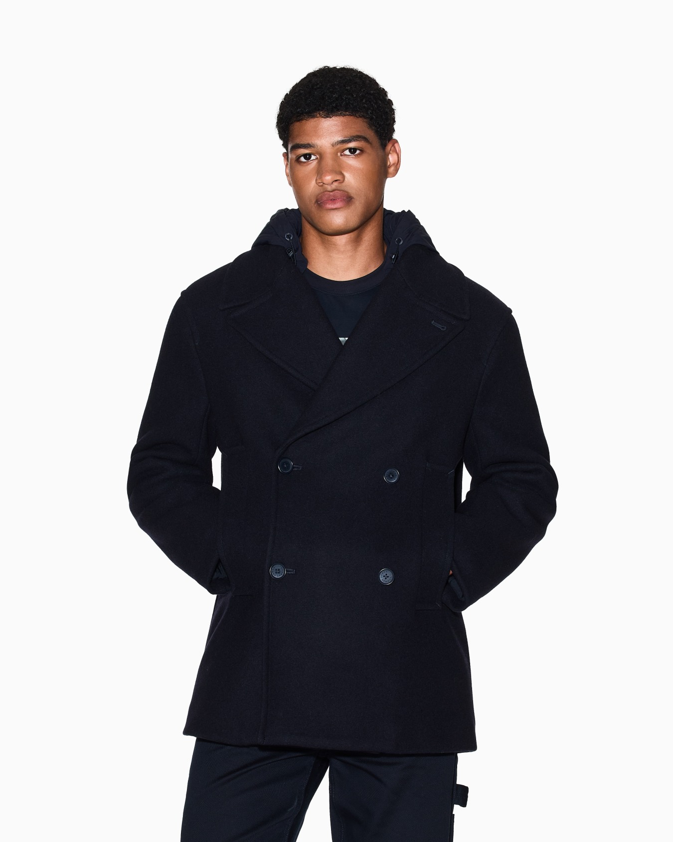 Double-breasted pea coat with hood Slide 3
