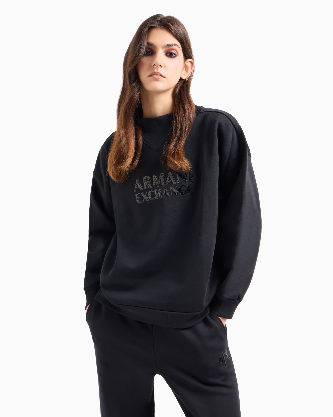 High neck sweatshirt with contrasting sparkling logo Slide 1