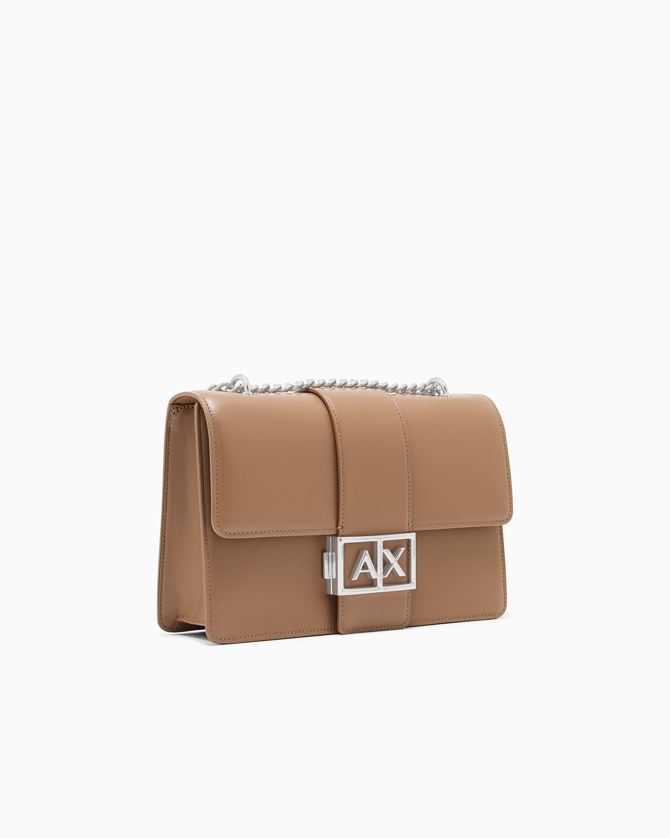 Borsa a tracolla in similpelle con catena e logo Slide 1
